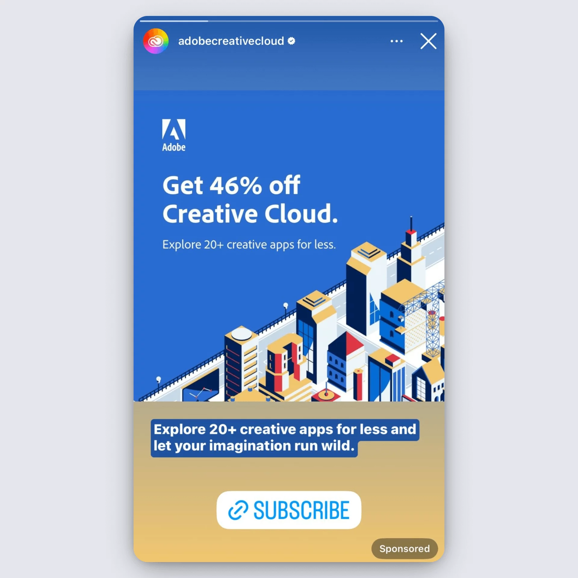 Adobe Creative Cloud Instagram story ad offering 46% off and promoting over 20 creative apps.