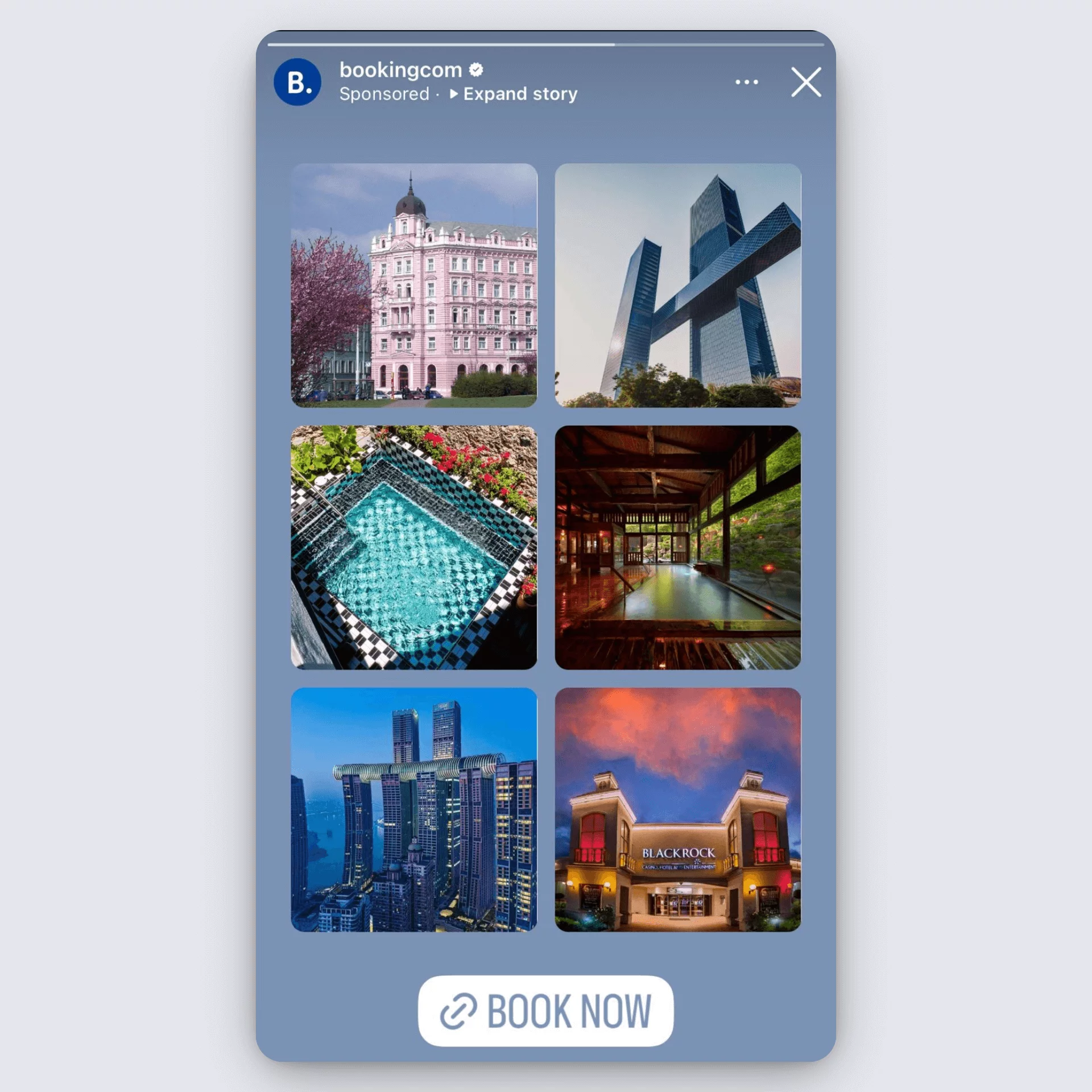 Booking.com Instagram story ad showing six scenic hotels with a “Book Now” button.