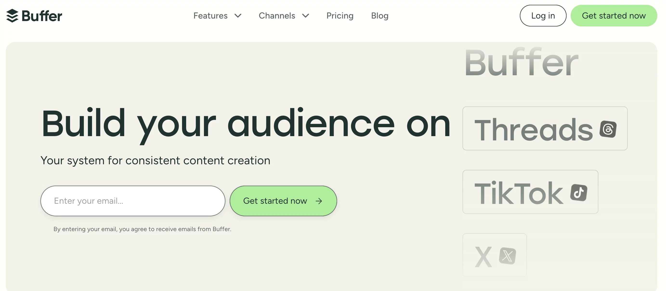 Buffer homepage promoting content creation for Threads, TikTok, and X with email sign-up form.