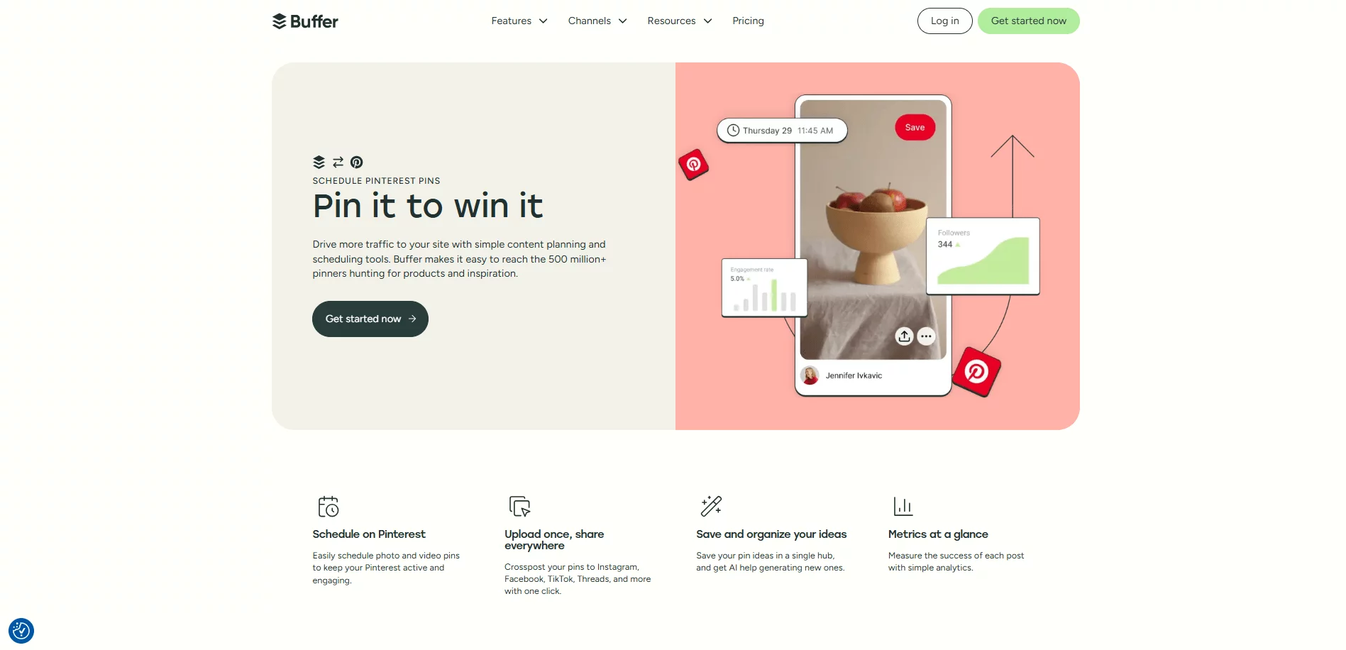 Pinterest scheduling preview with engagement stats and follower growth using Buffer's planning tools.