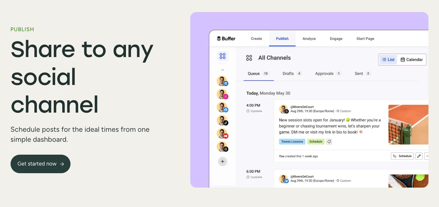 Buffer dashboard showing scheduled social media posts across platforms with publish and calendar view options.