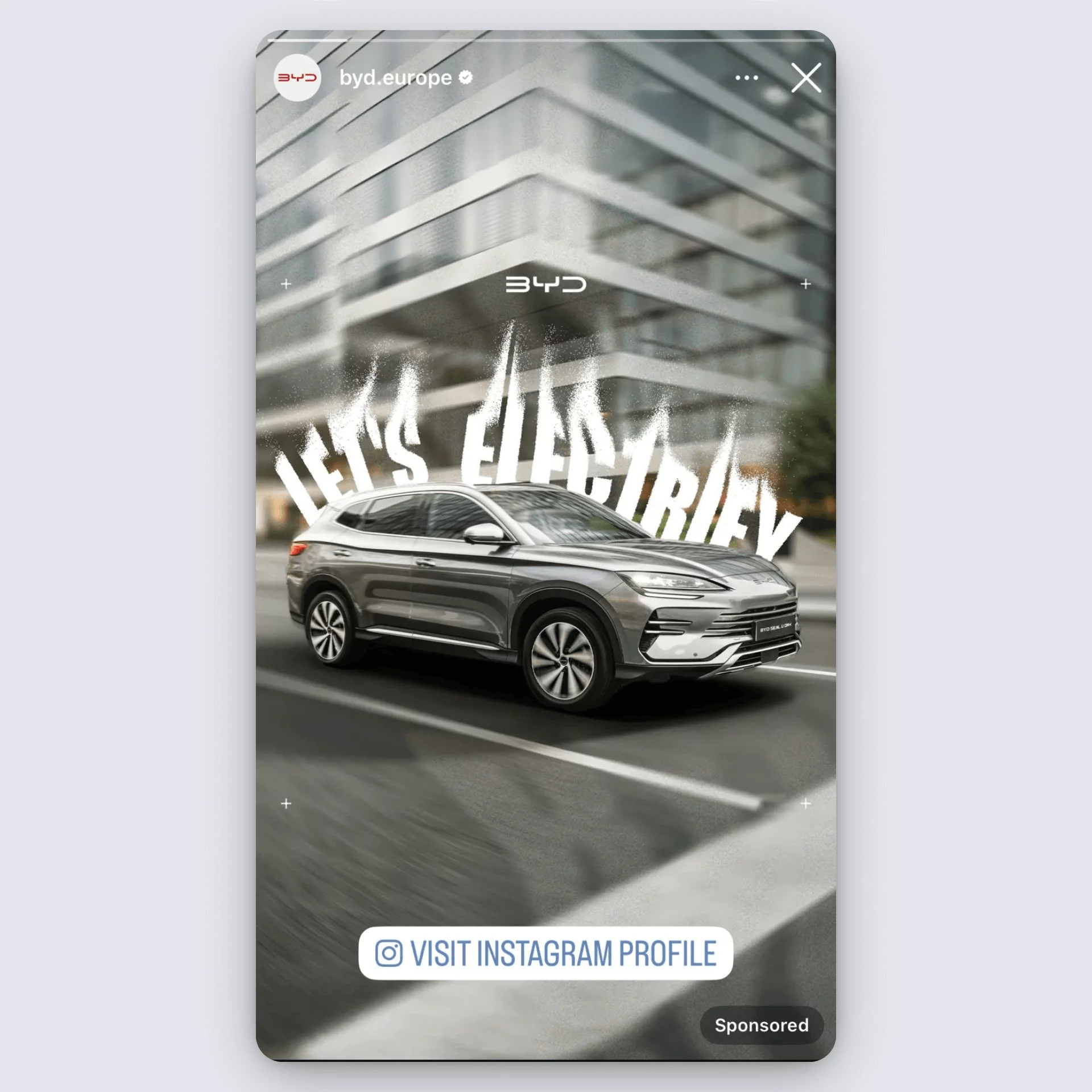 BYD Europe Instagram ad featuring an electric SUV with “Let’s Electrify” text overlay.