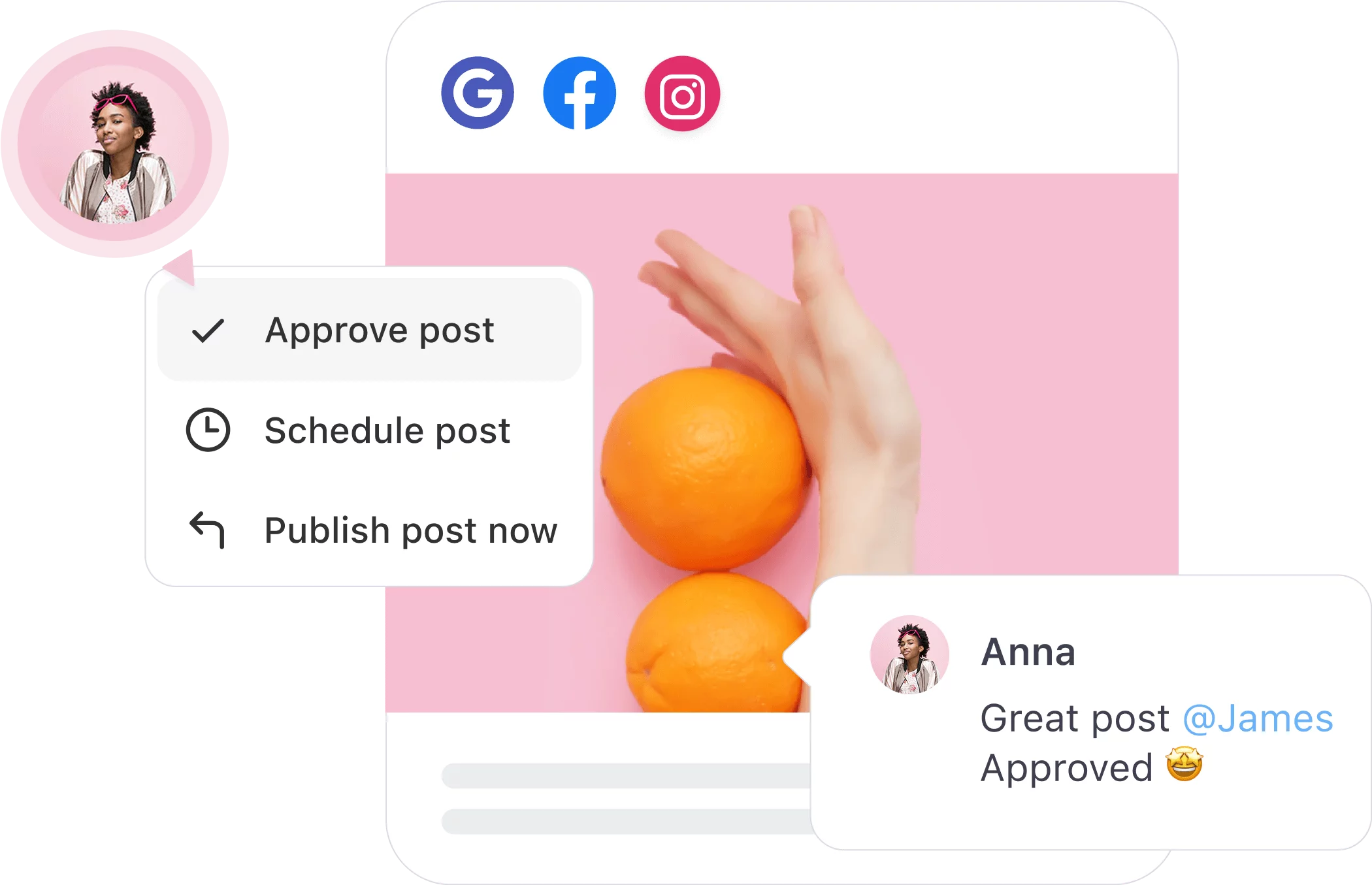 Woman approves a social media post in Planable with scheduling options on a pink background featuring oranges and platforms.