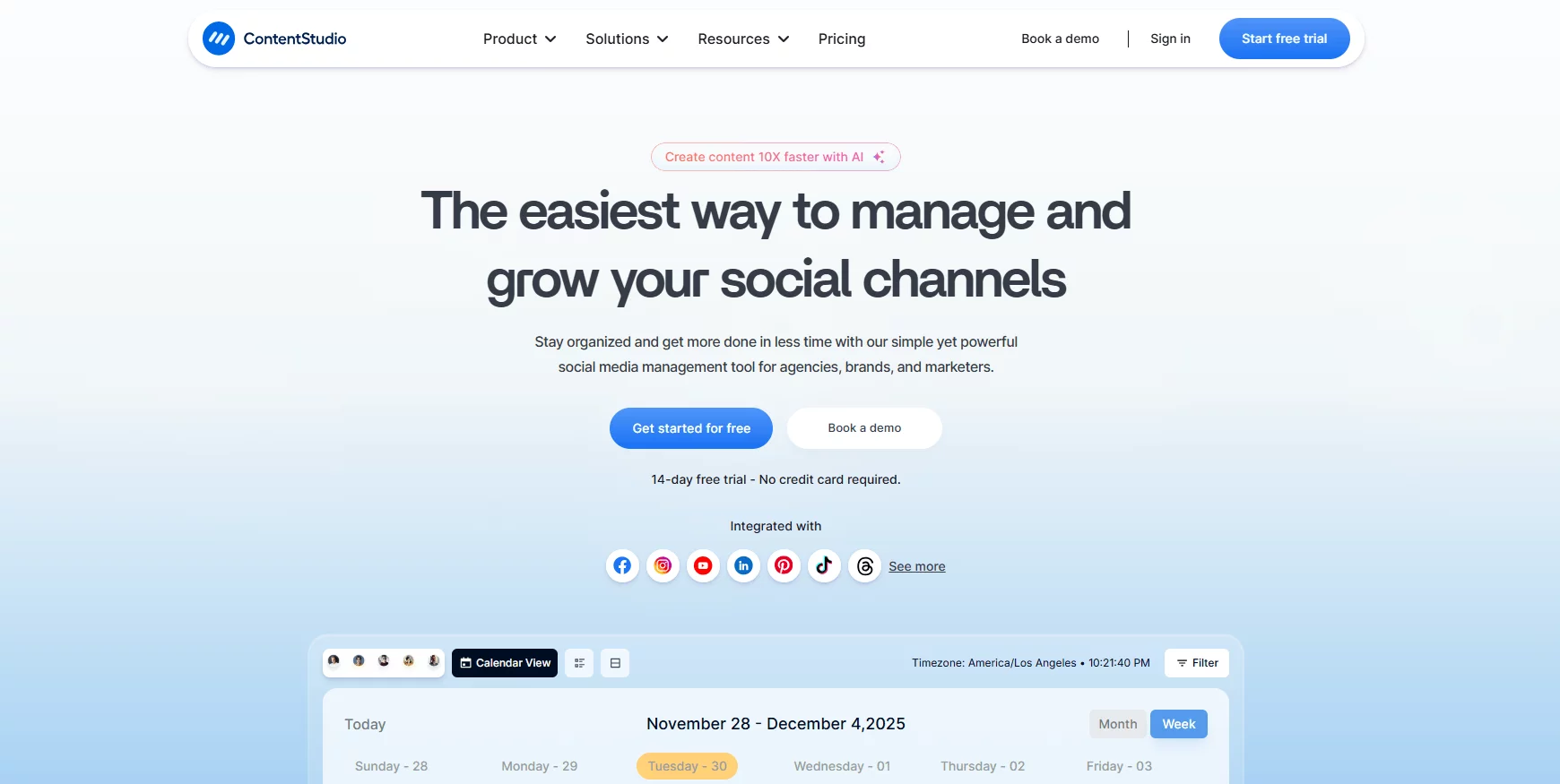 Homepage of ContentStudio promoting AI-powered social media management with a calendar view.