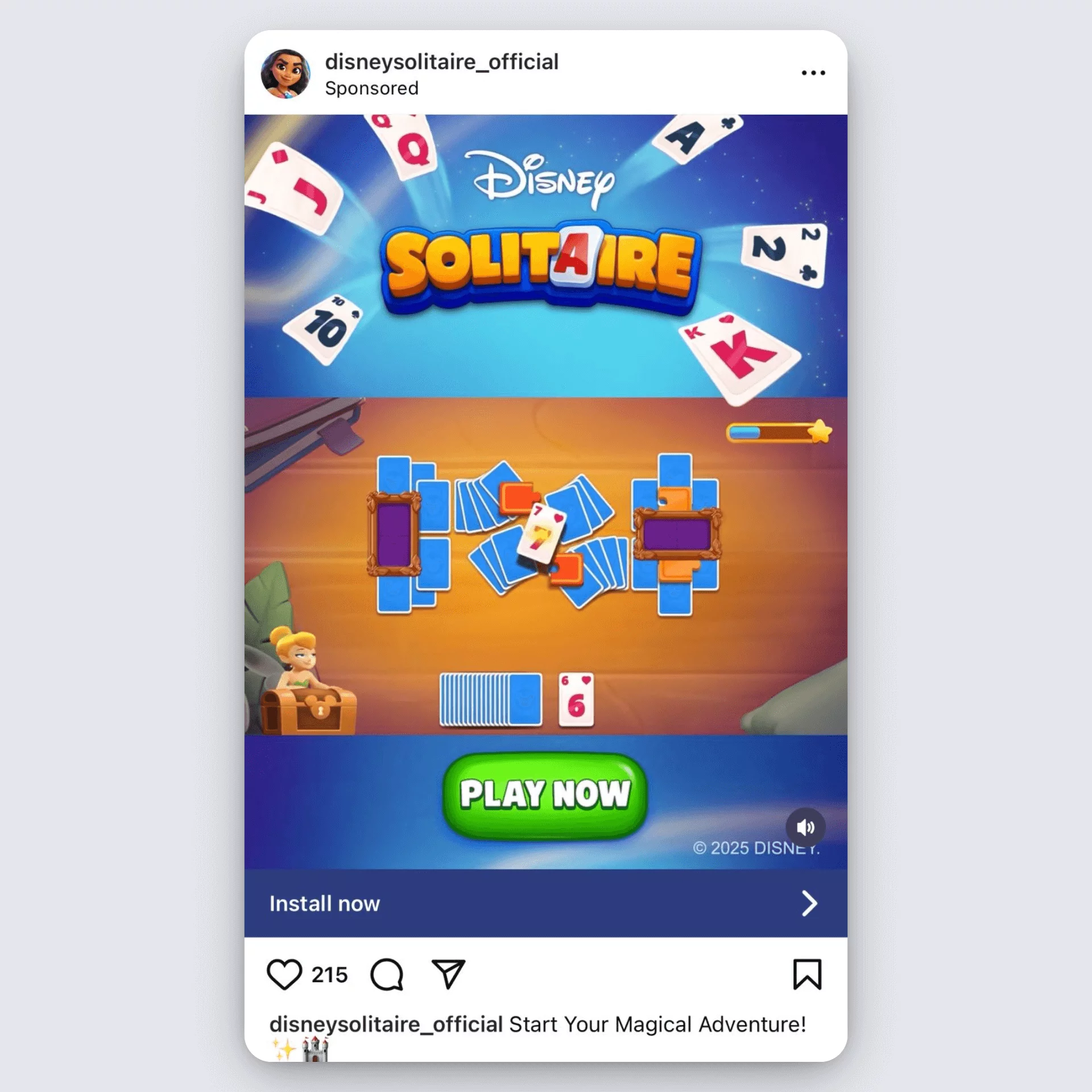 Disney Solitaire Instagram ad with in-game play screen and “Play Now” CTA.