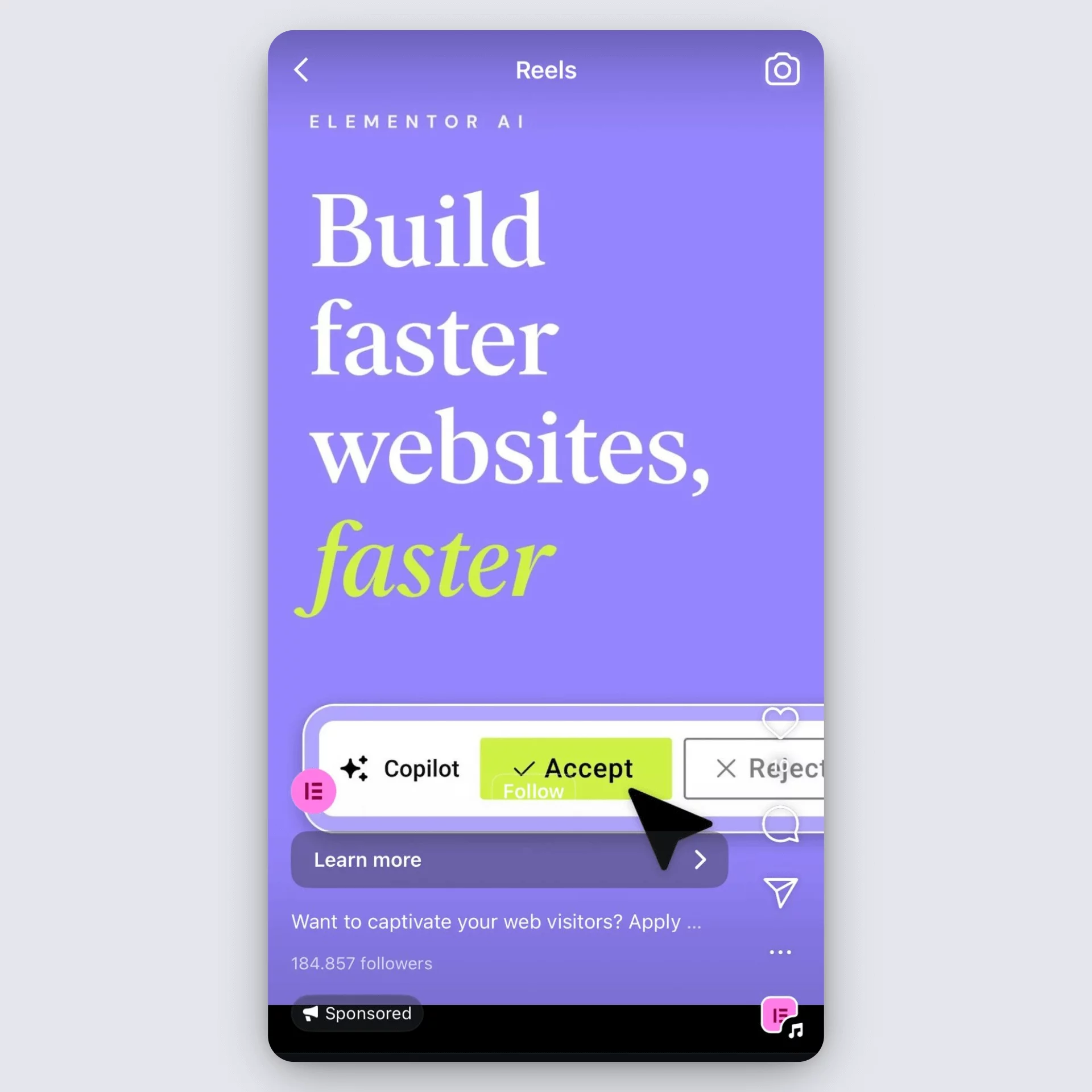 Elementor AI Instagram reel with “Build faster websites” and a Copilot approval UI.