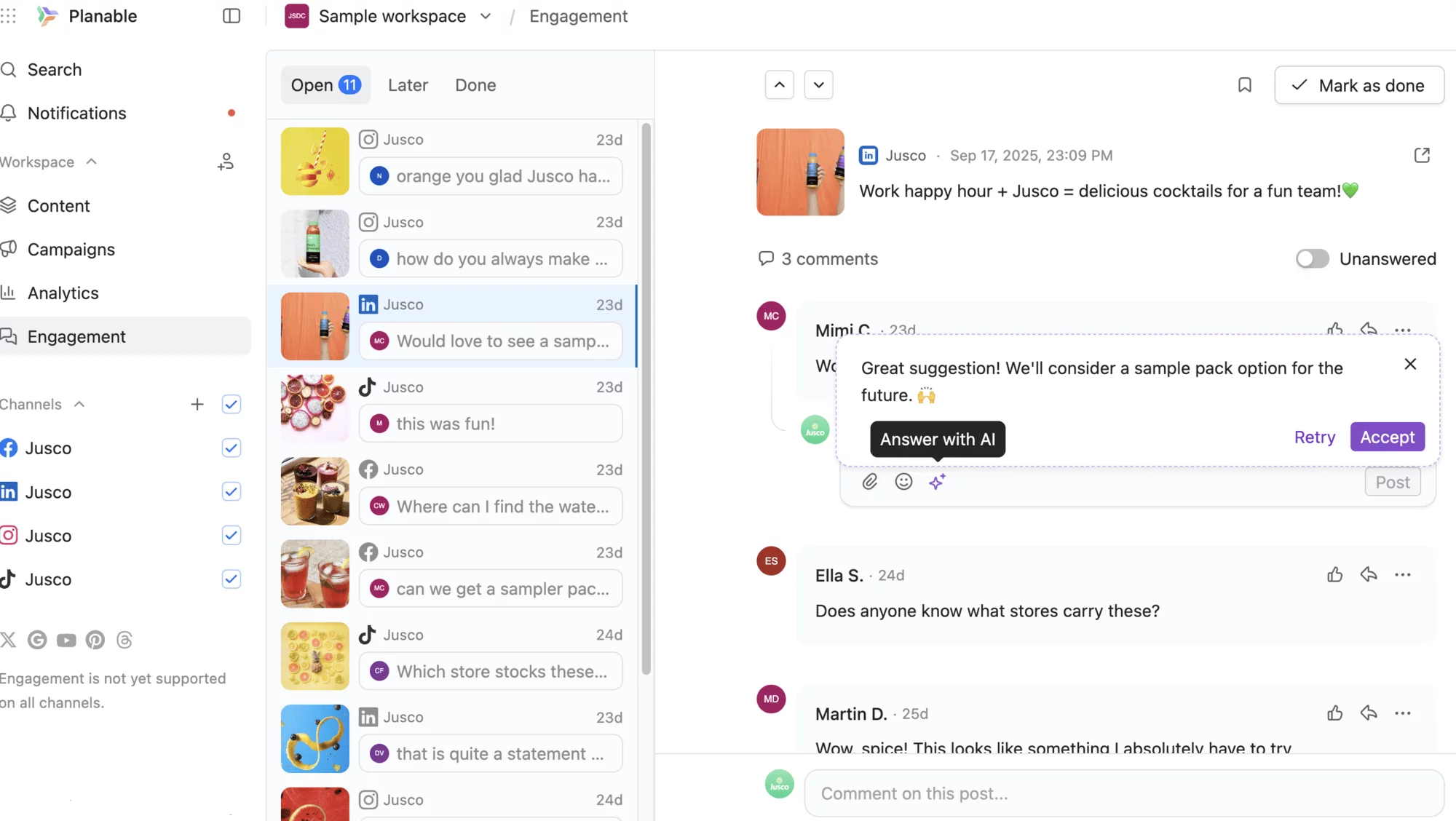 Planable dashboard with sentiment analysis tool to prioritize social media comments.