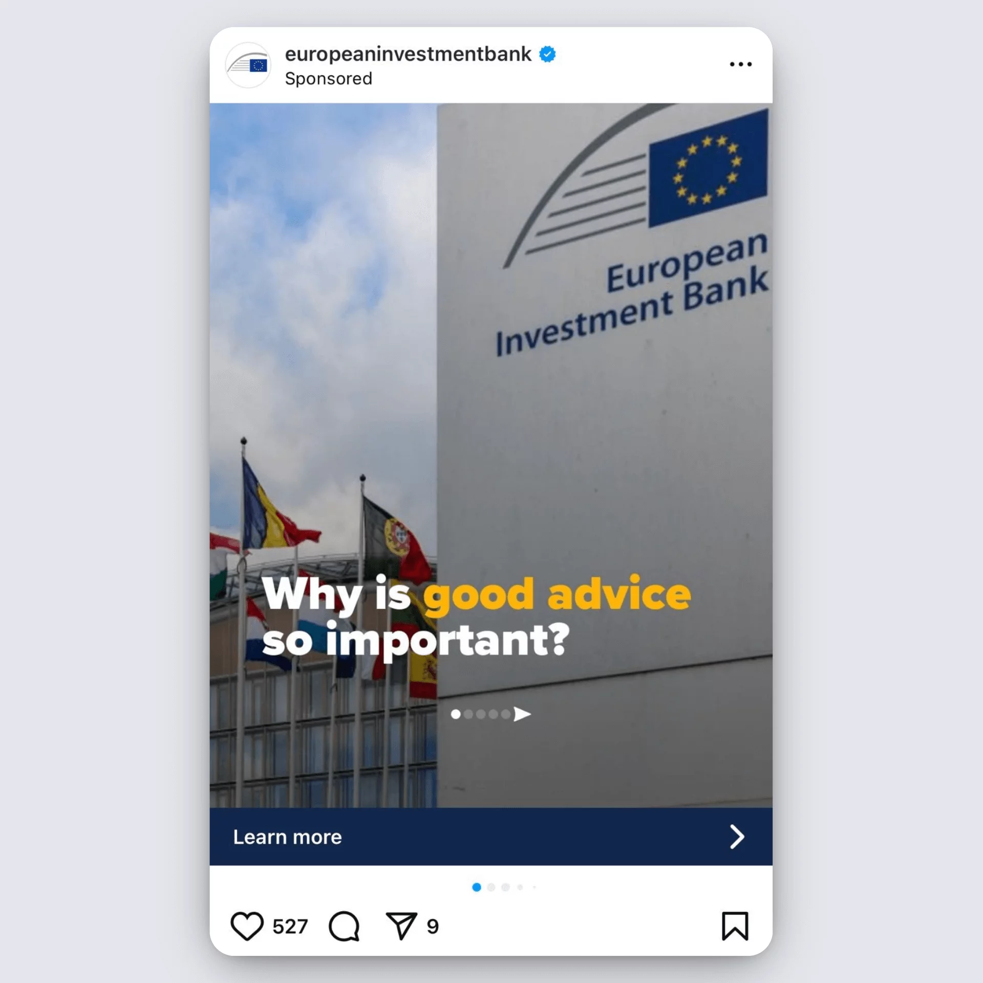 European Investment Bank carousel ad asking “Why is good advice so important?” over EU building.
