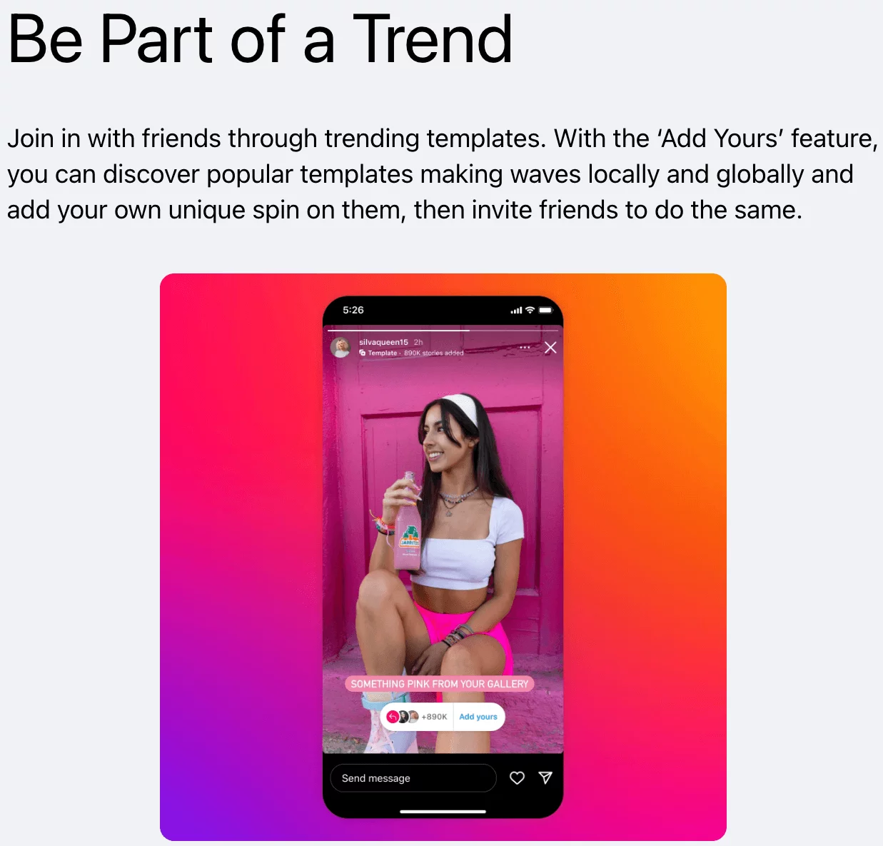 Instagram Story showing a woman in pink shorts with a trending “Add Yours” template tag.