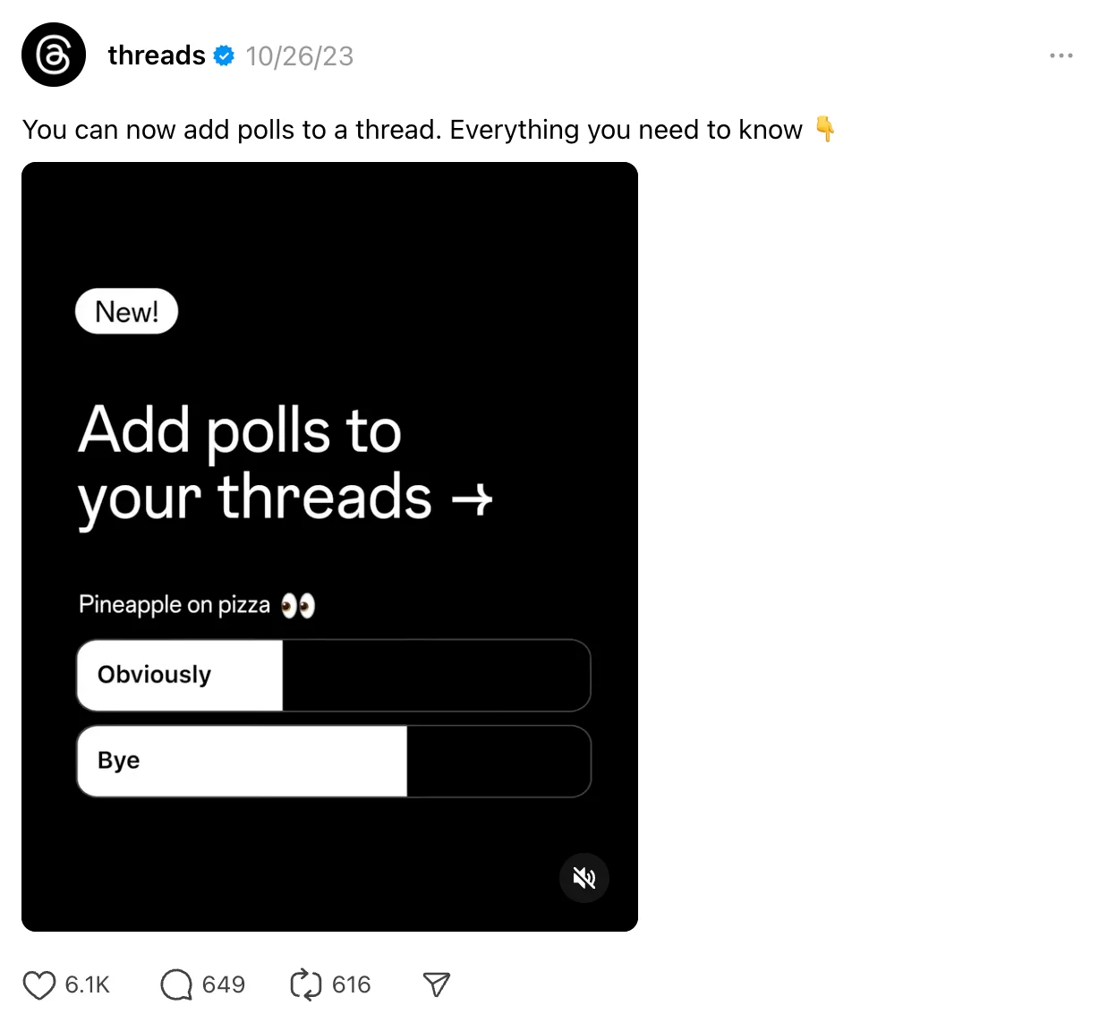 Threads post features a black poll interface asking users about pineapple on pizza.