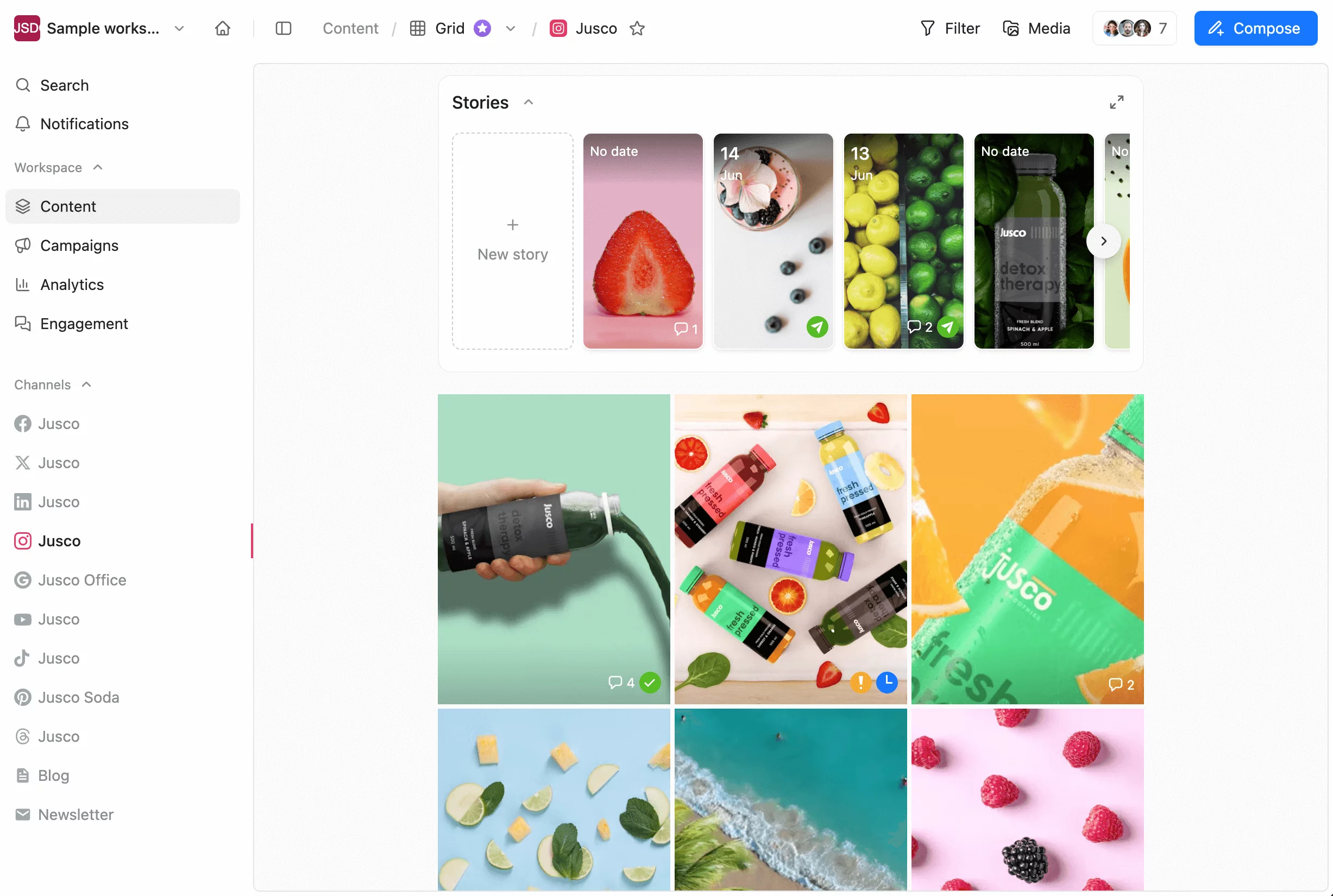 Grid view of scheduled Instagram posts in Planable, showcasing colorful product content and stories.