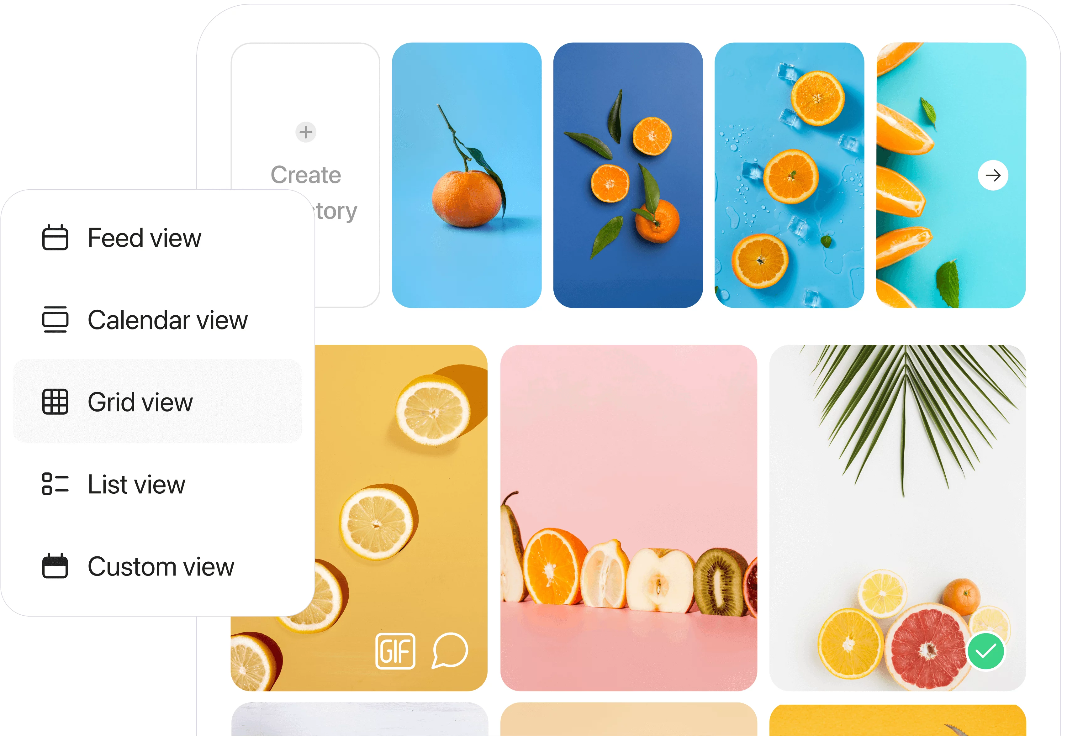 Social media asset library in grid view with fruit-themed visuals and layout options on left.