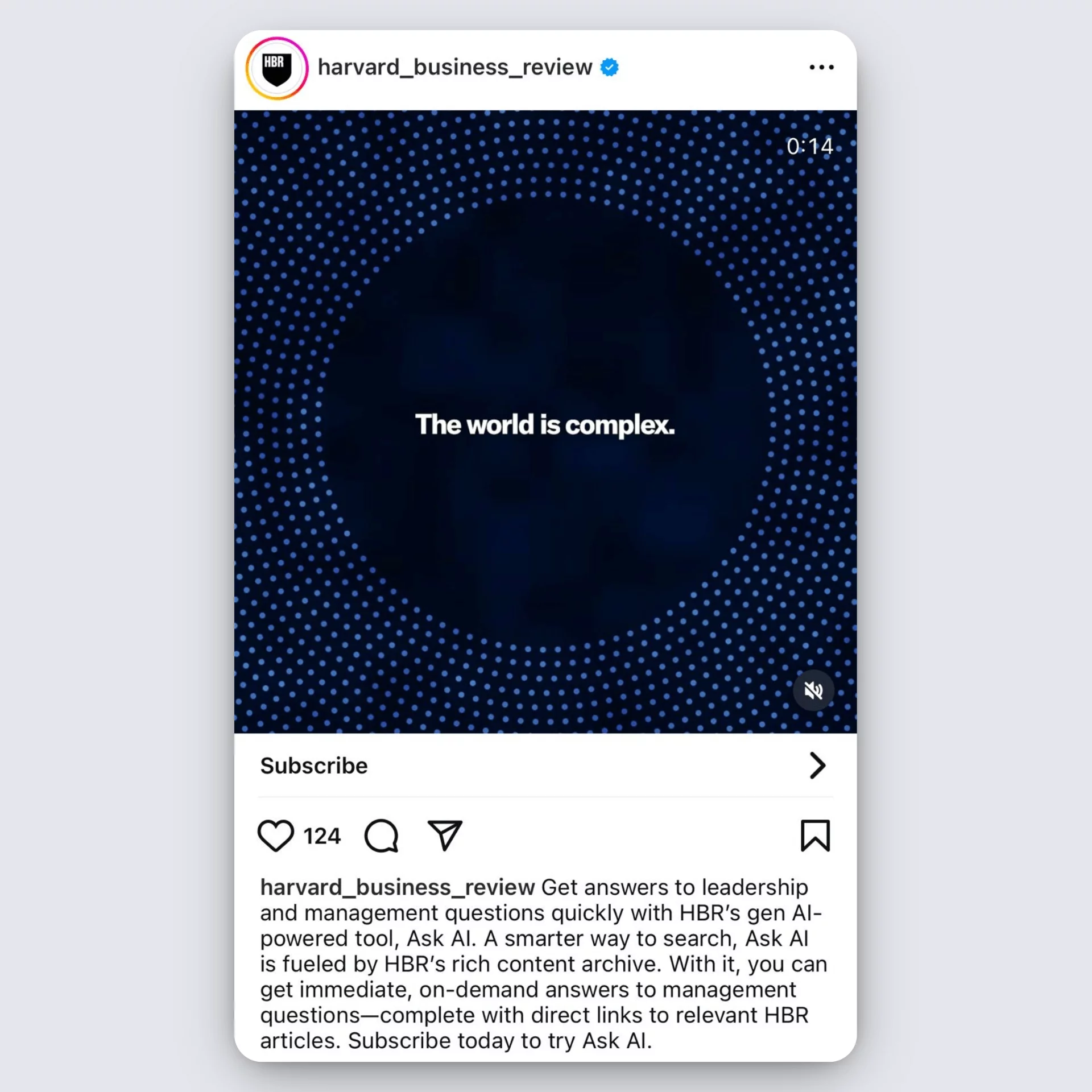 Harvard Business Review Instagram video ad with “The world is complex” and AI tool promotion.