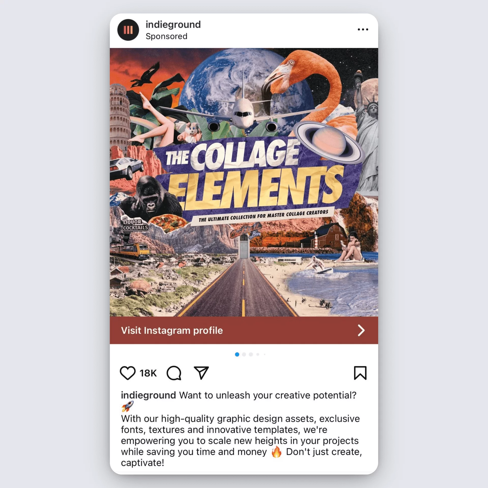 Indieground Instagram ad featuring surreal collage elements promoting design asset collection.