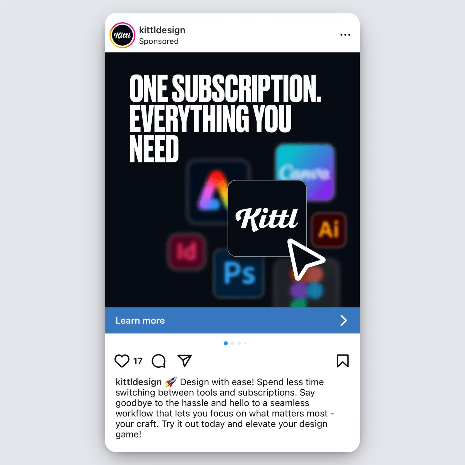 Kittl Instagram ad with tool icons and “One subscription. Everything you need” headline.