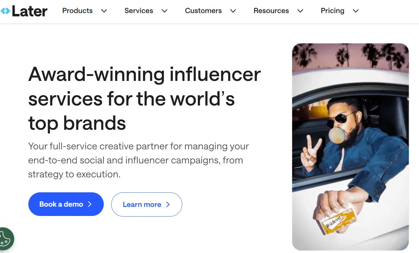 Influencer marketing promo by Later showing man in car holding gum and making peace sign.