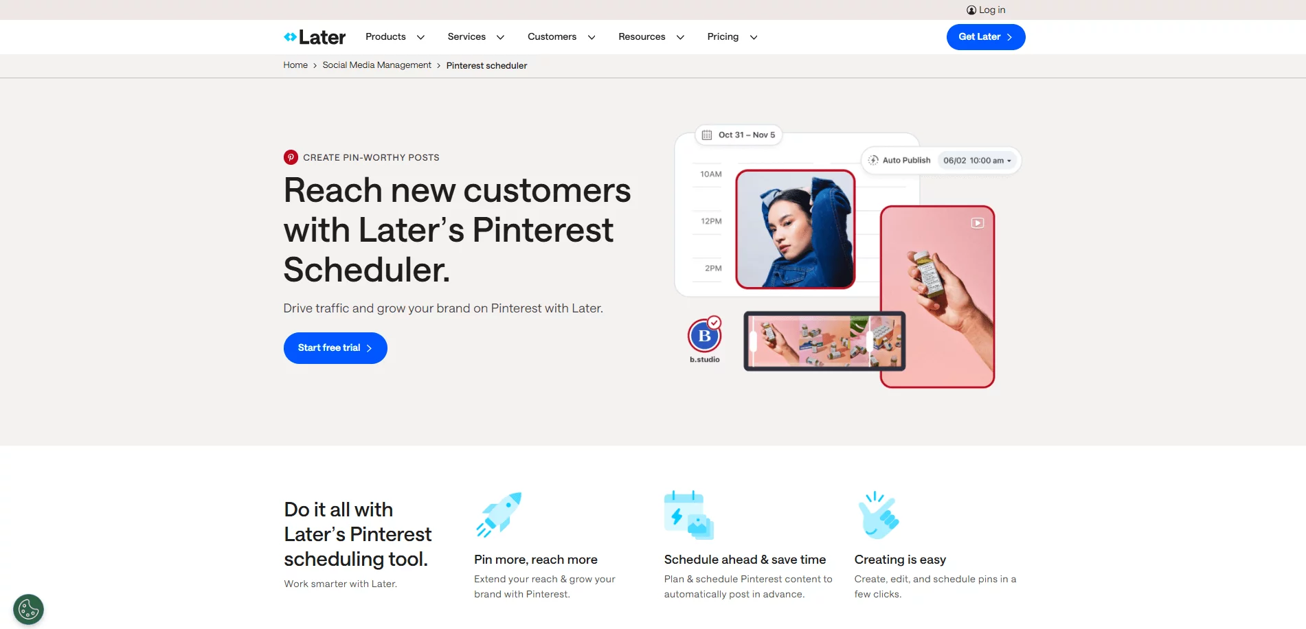 Later Pinterest Scheduler interface with scheduled post preview, time slot, and influencer content.