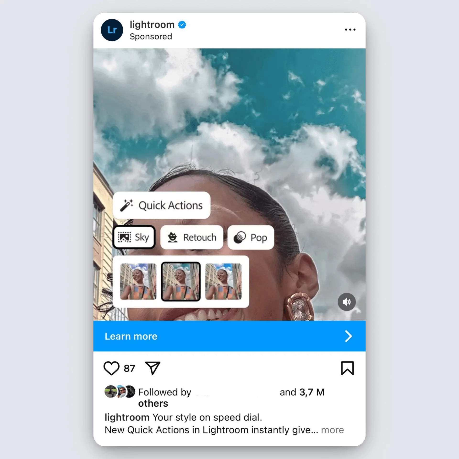 Adobe Lightroom Instagram ad showing photo quick actions like Sky, Retouch, and Pop.