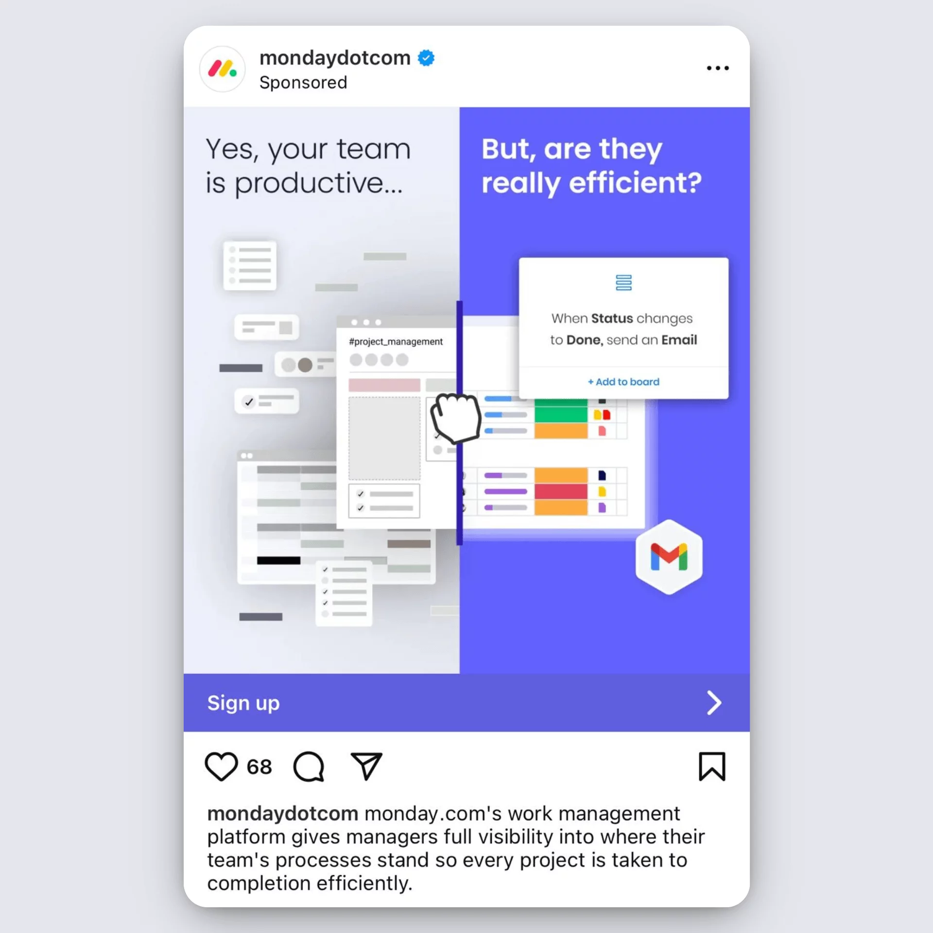 Monday.com Instagram ad comparing team productivity vs efficiency with project visuals.