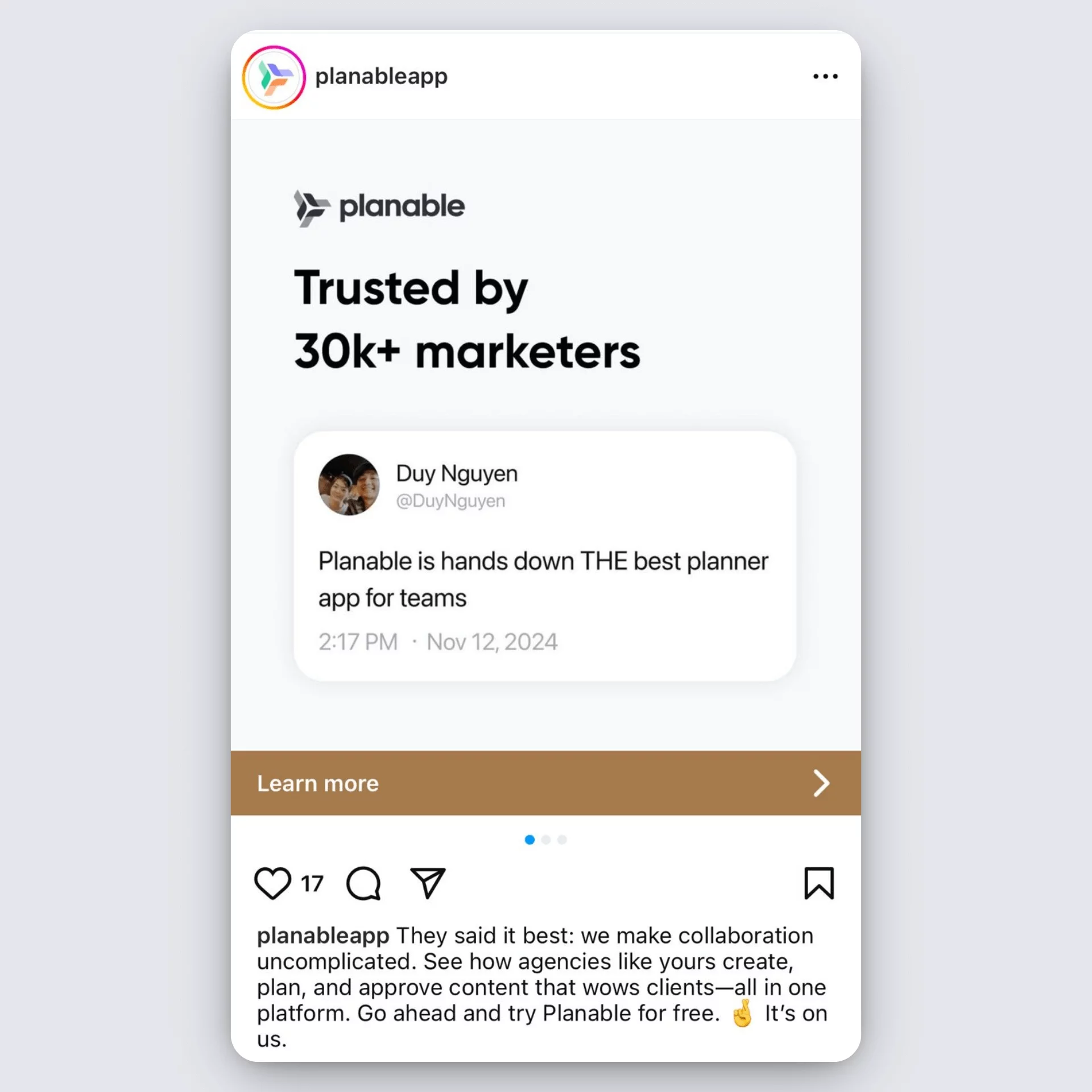 Planable Instagram carousel ad with user tweet calling it the best planner app for teams.