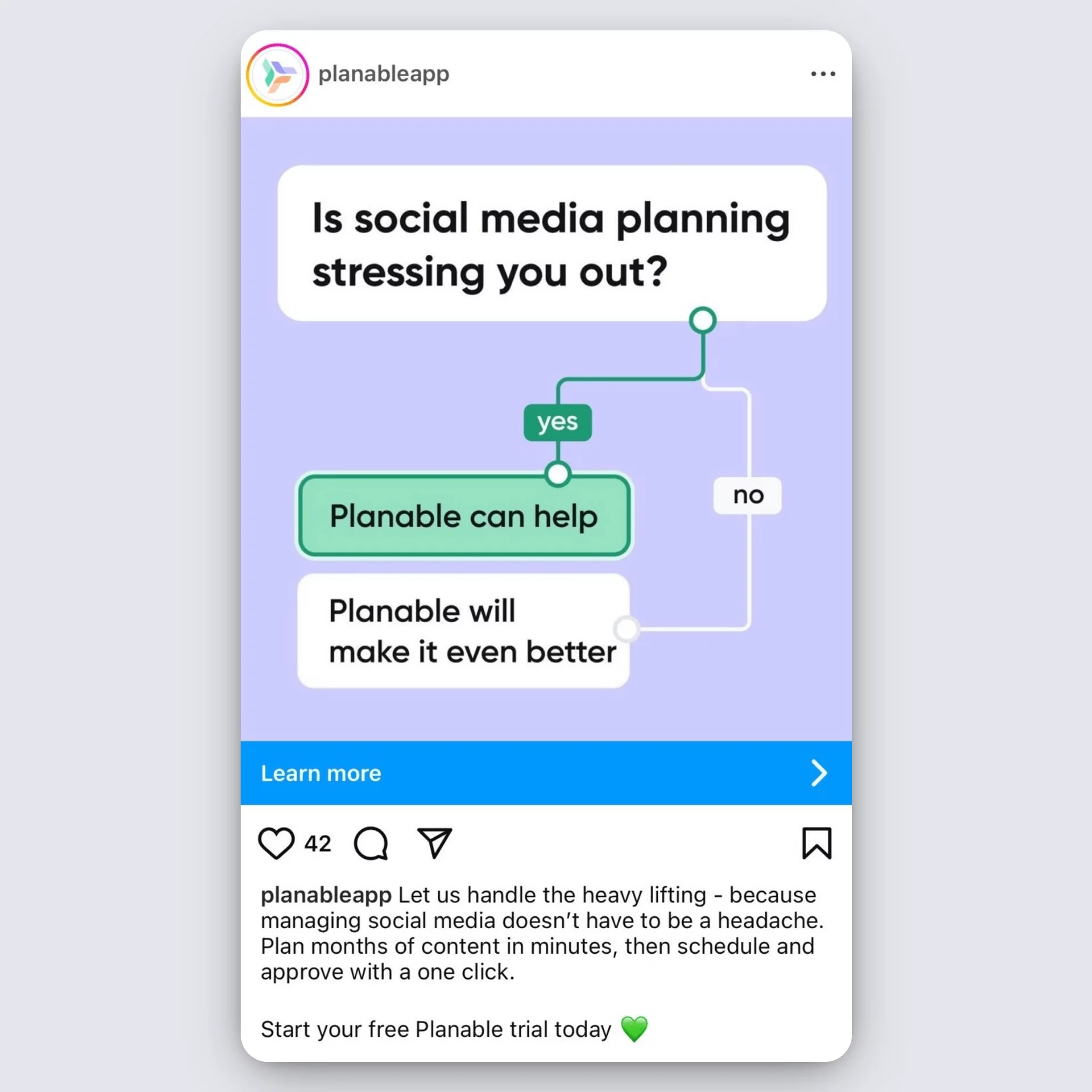 Planable Instagram ad using a flowchart to show how it eases social media planning stress.