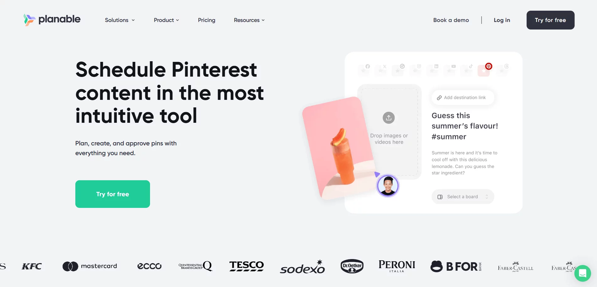 Planable Pinterest scheduling tool with post preview and lemonade drink image in the interface.