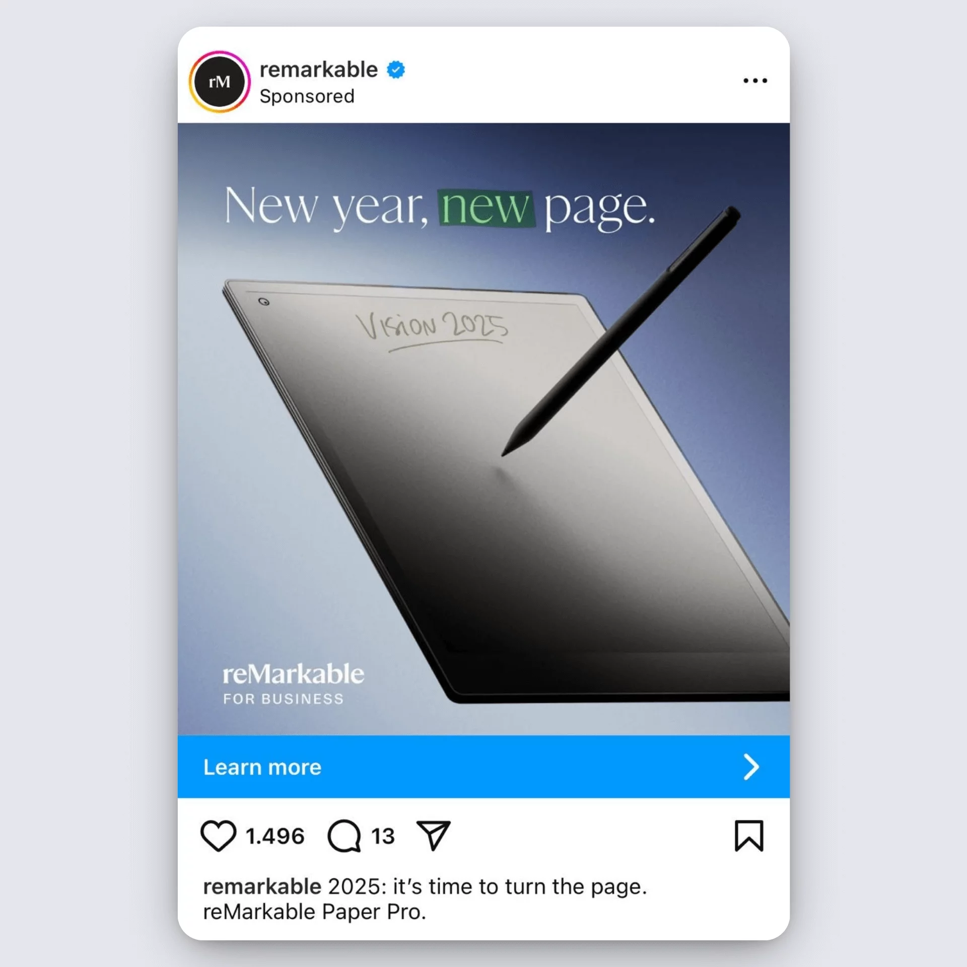 reMarkable Instagram ad for Paper Pro tablet with “New year, new page” and Vision 2025 on screen.