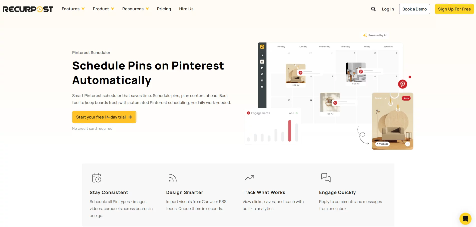 RecurPost Pinterest calendar interface showing scheduled pins, analytics, and AI-powered suggestions.