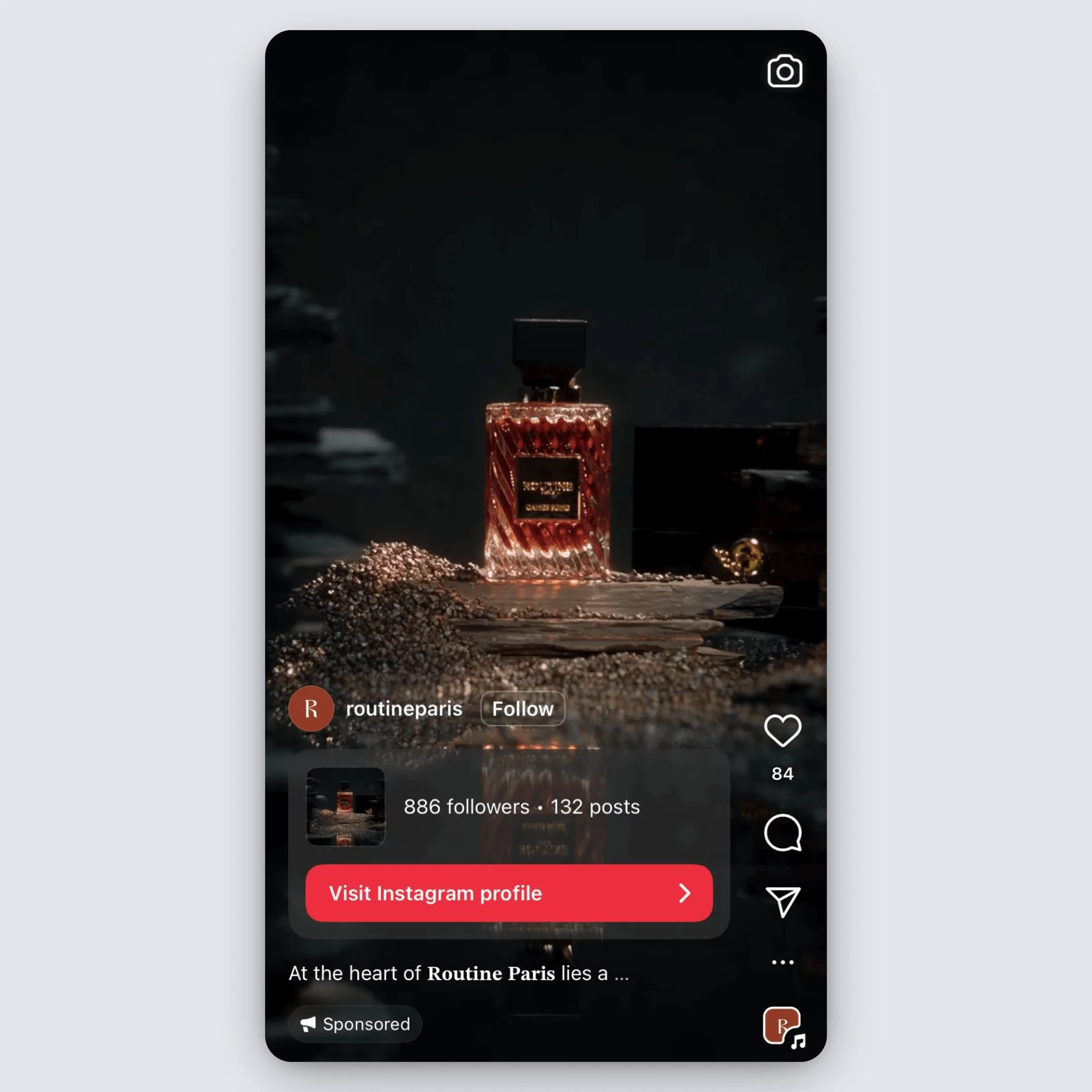 Routine Paris Instagram reel ad featuring luxury perfume bottle with ambient, dark lighting.