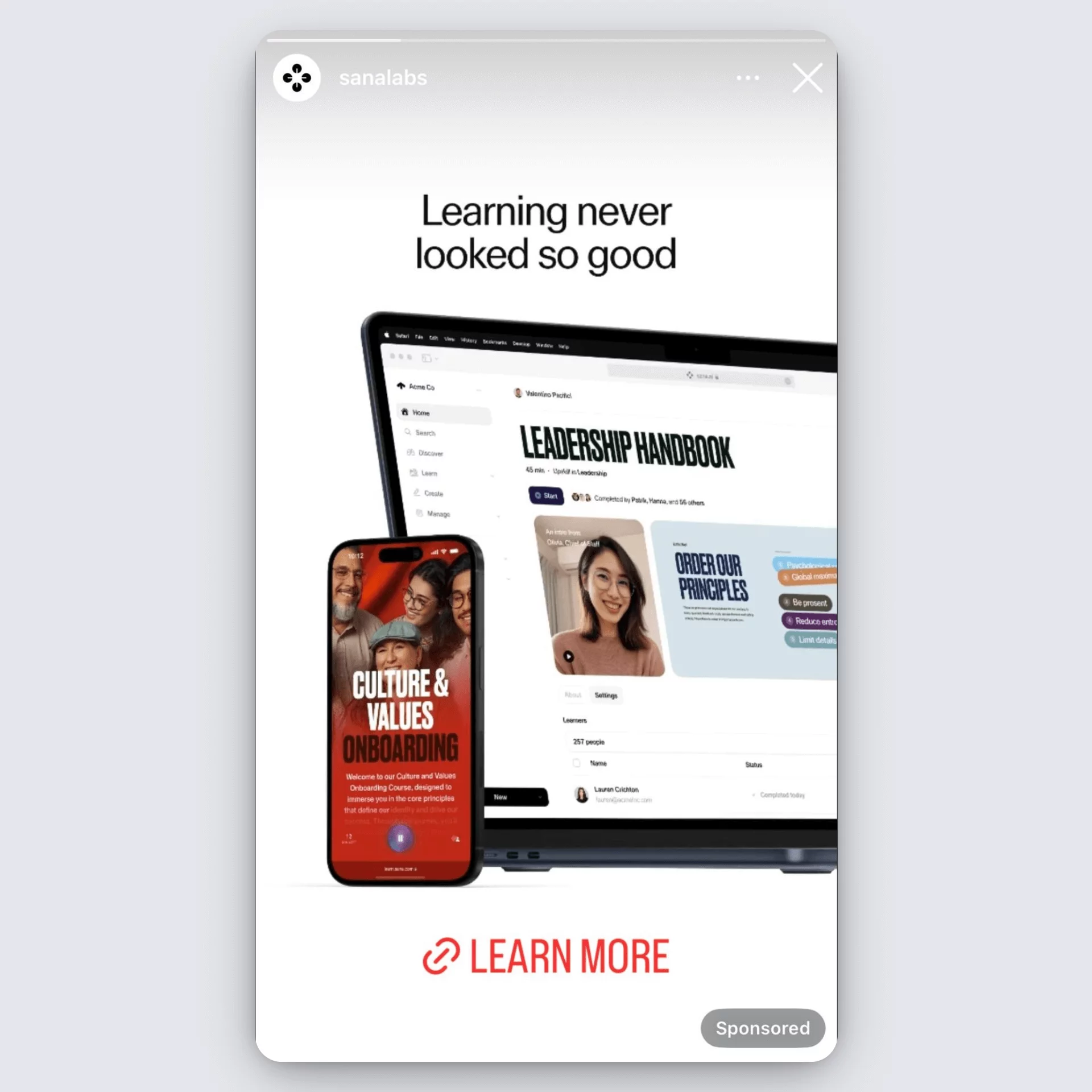 Sana Labs Instagram story ad promoting onboarding and leadership courses on phone and laptop.