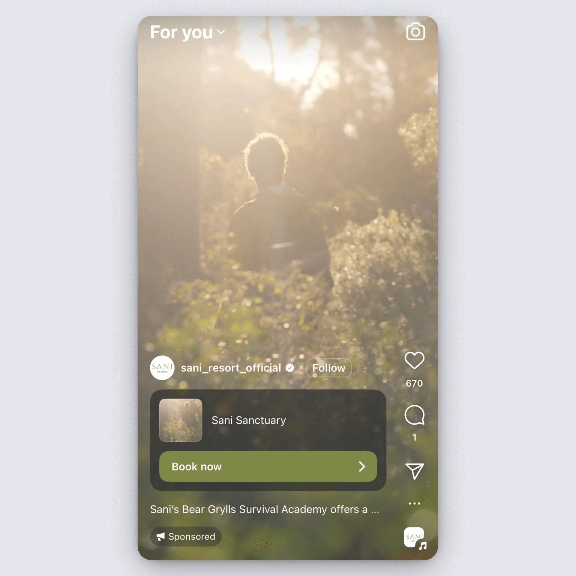 Sani Resort Instagram reel ad showing a person walking through sunlit forest with “Book now” CTA.