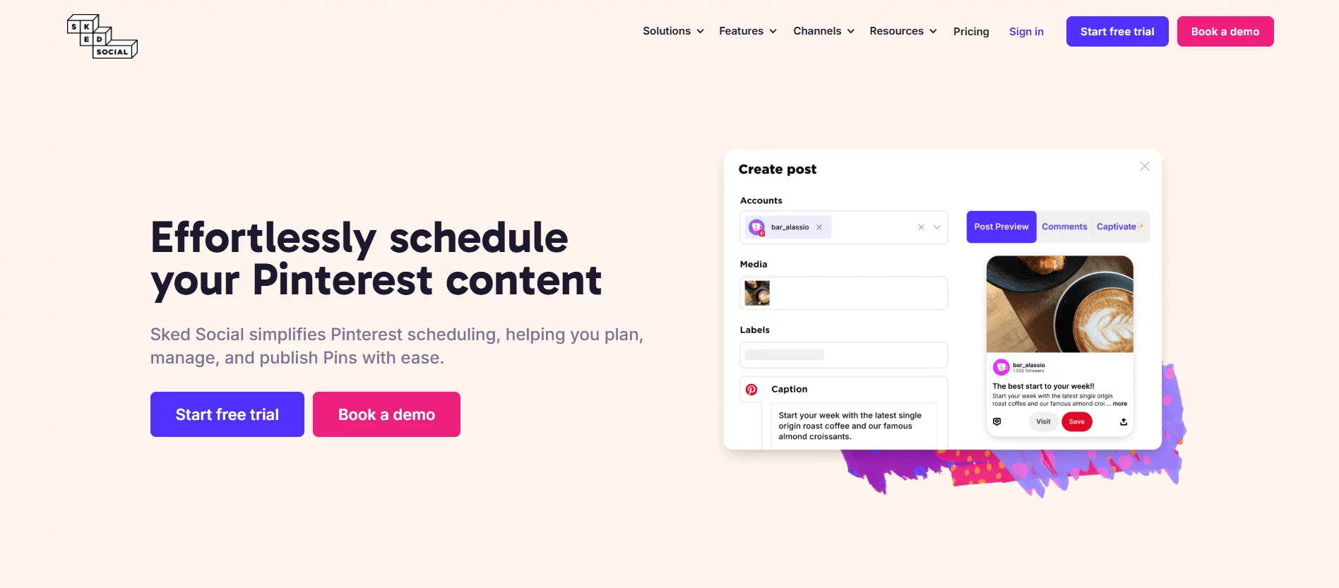 Sked Social Pinterest post preview with coffee and croissant, highlighting scheduling features.
