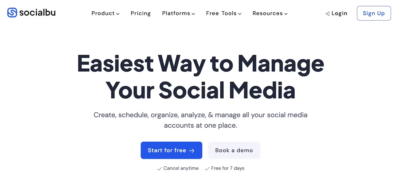 SocialBu homepage promoting social media management with demo and free trial buttons.