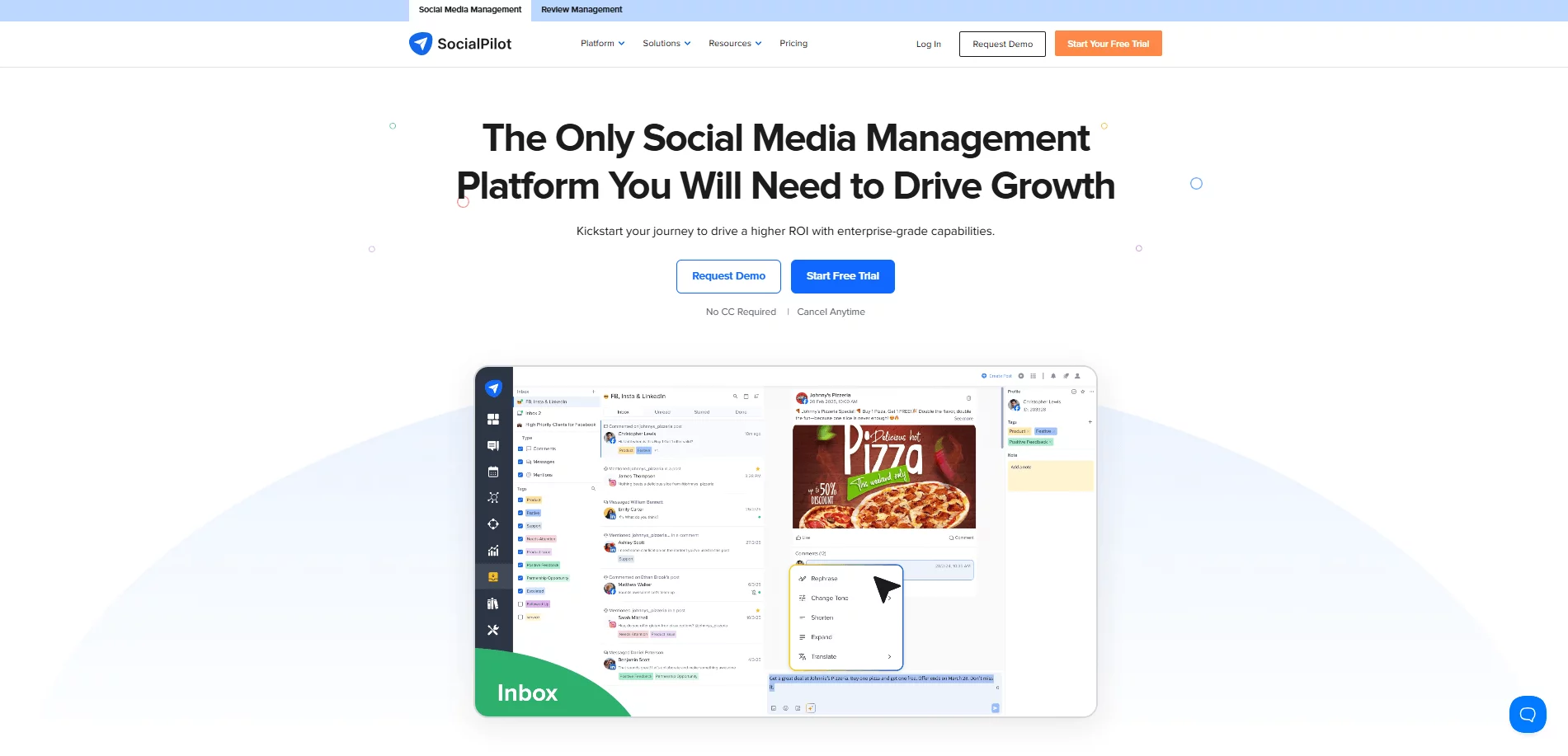 SocialPilot dashboard showing scheduled Pinterest post and comment tools for social growth.