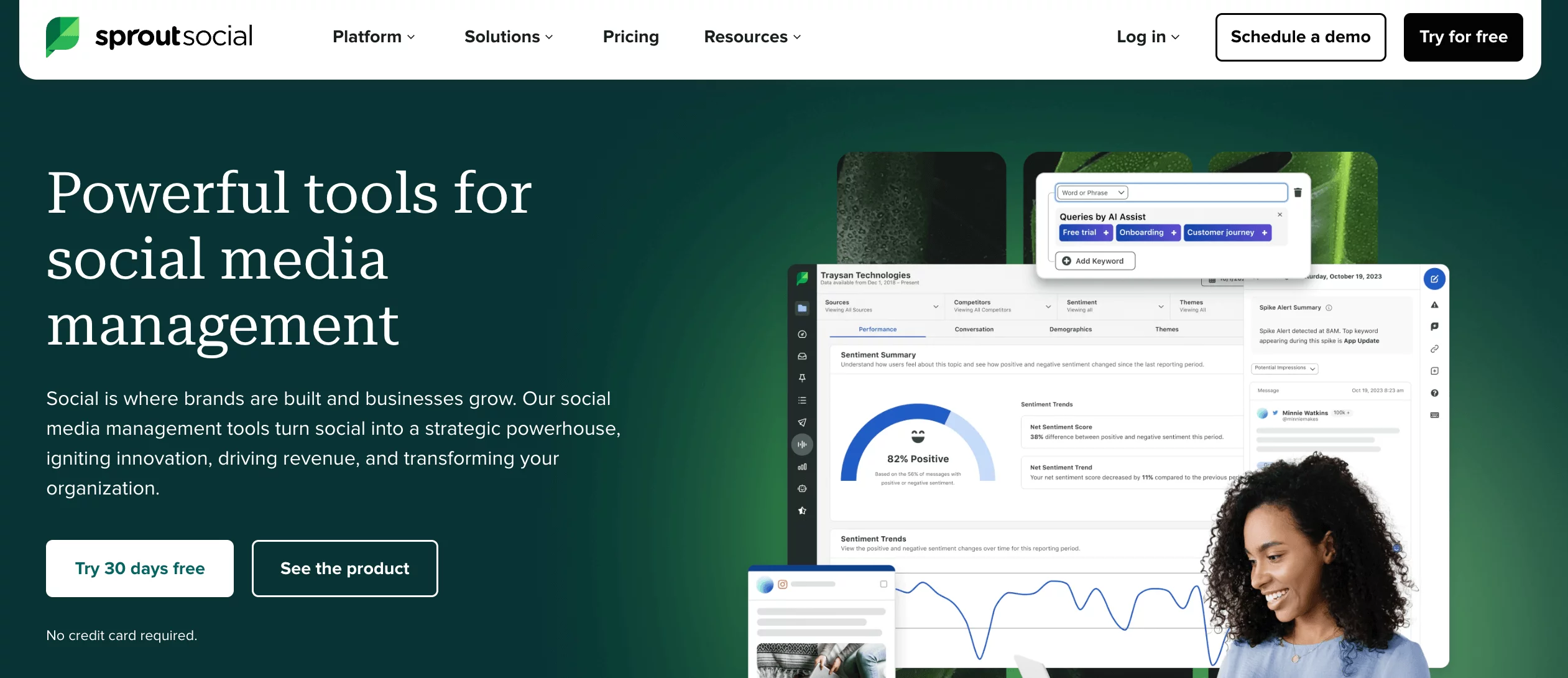 Sprout Social homepage highlighting sentiment analysis dashboard and AI-assisted query builder.