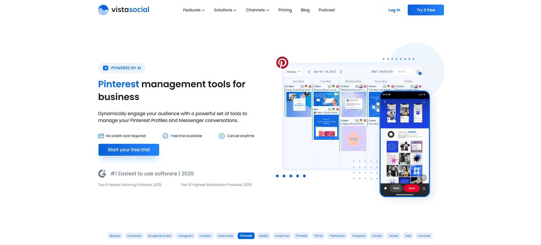Vista Social Pinterest scheduler with weekly content calendar and mobile preview of posts.