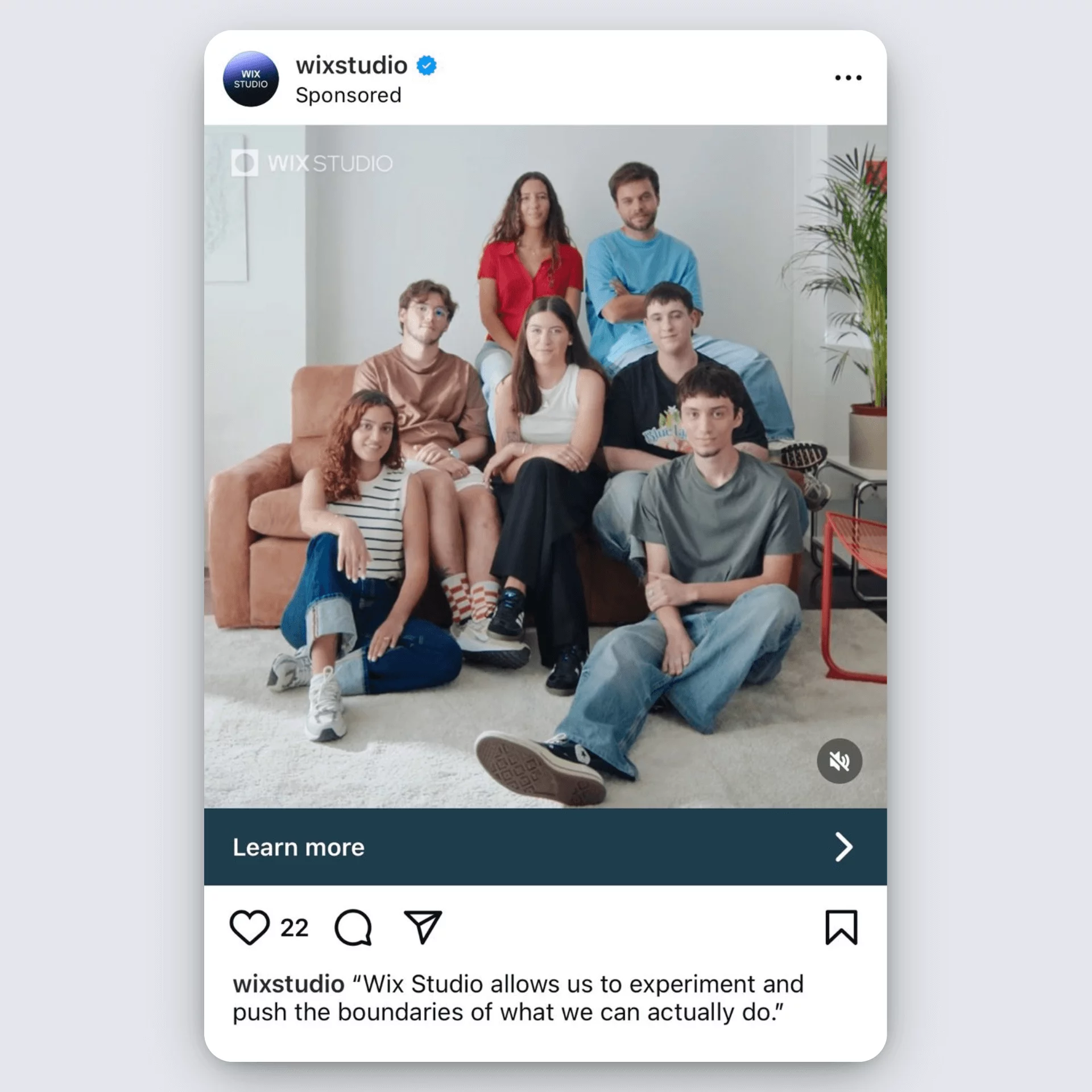 Wix Studio Instagram ad showing a creative team promoting its flexible website-building platform.