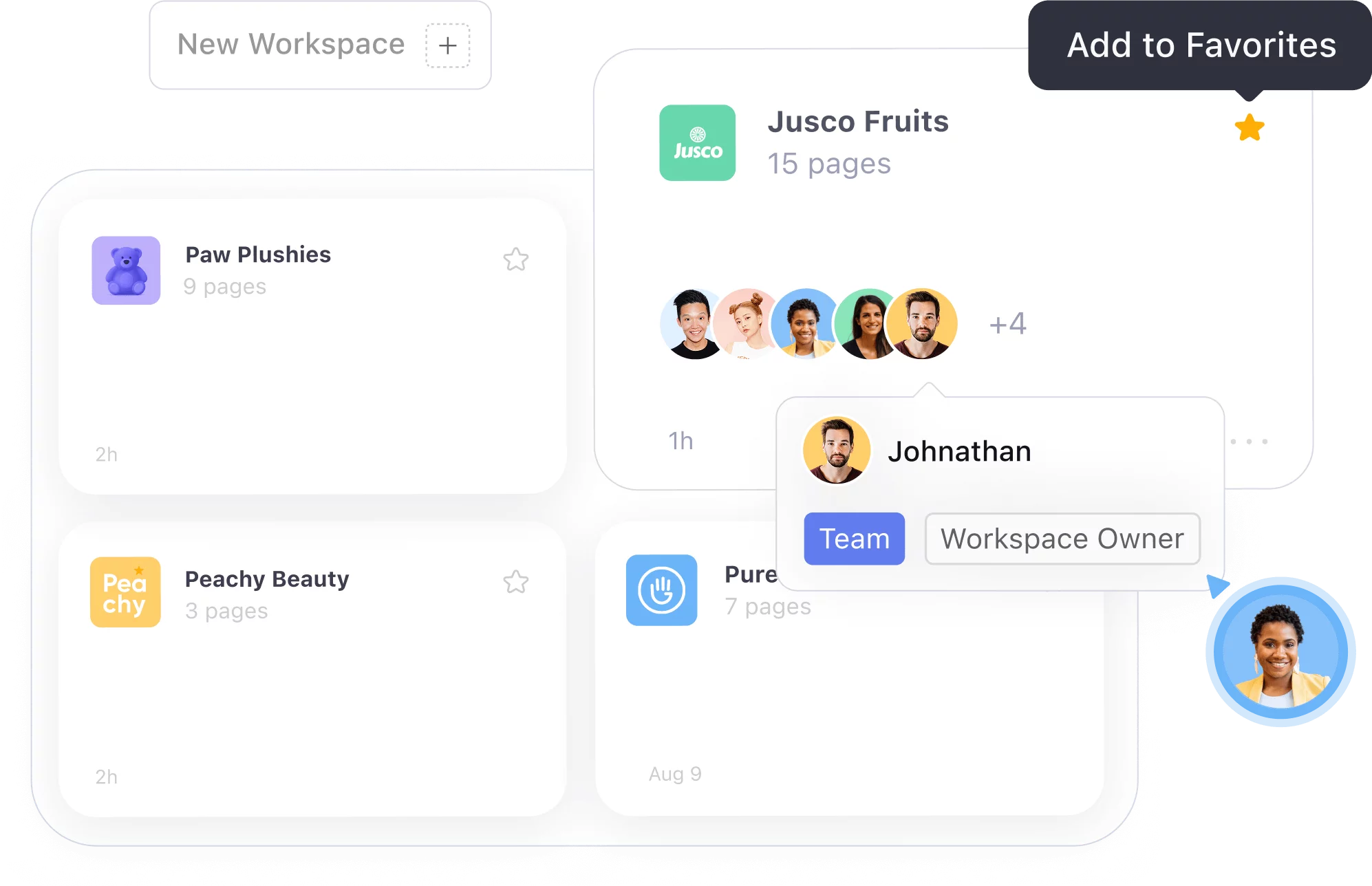 Planable interface showing multiple social media workspaces with team members, pages, and favorites.