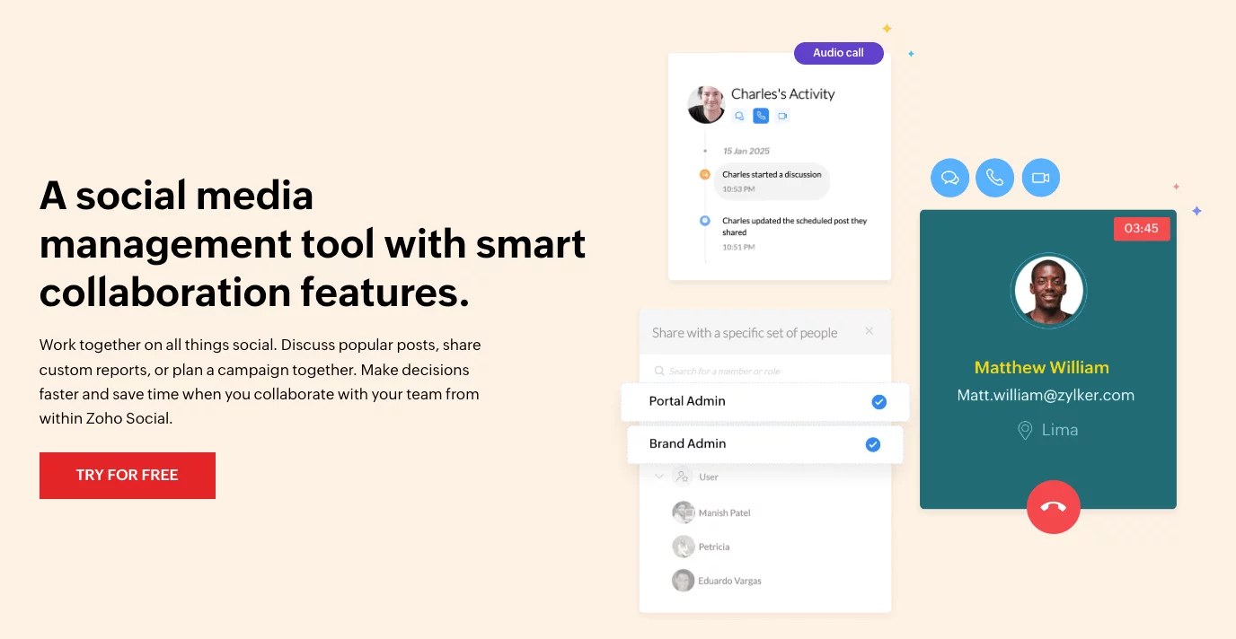 Zoho Social interface showing team collaboration via call, activity feed, and role-based sharing for posts.