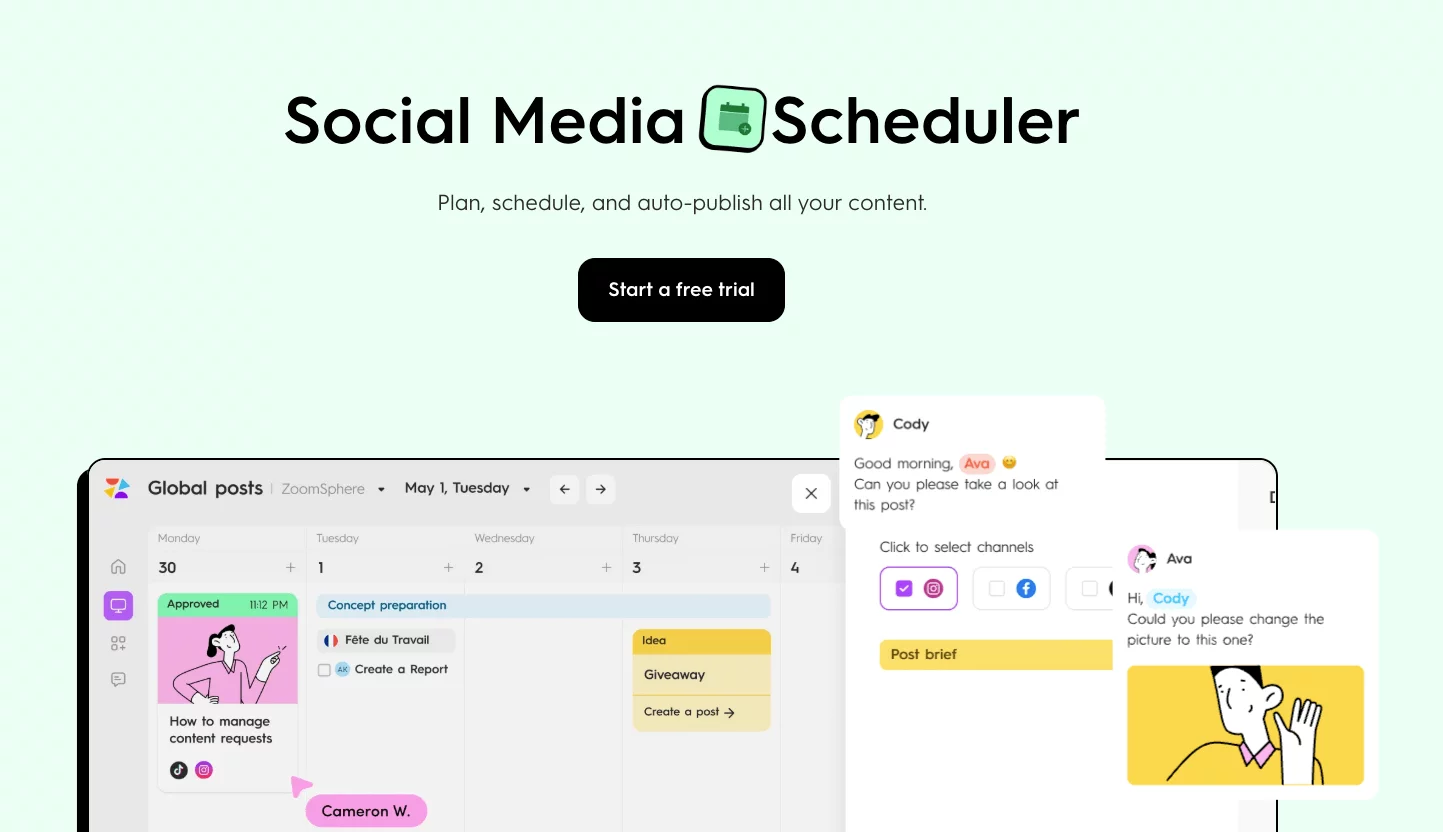 ZoomSphere calendar with scheduled social posts, task comments, and team collaboration for post approval.