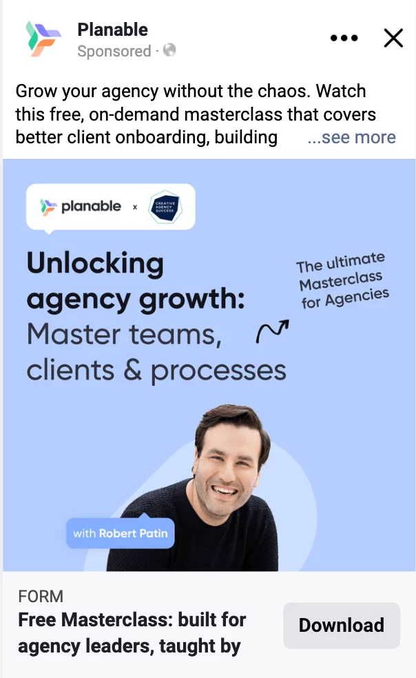 Social media ad for Planable's free masterclass on agency growth, featuring Robert Patin.