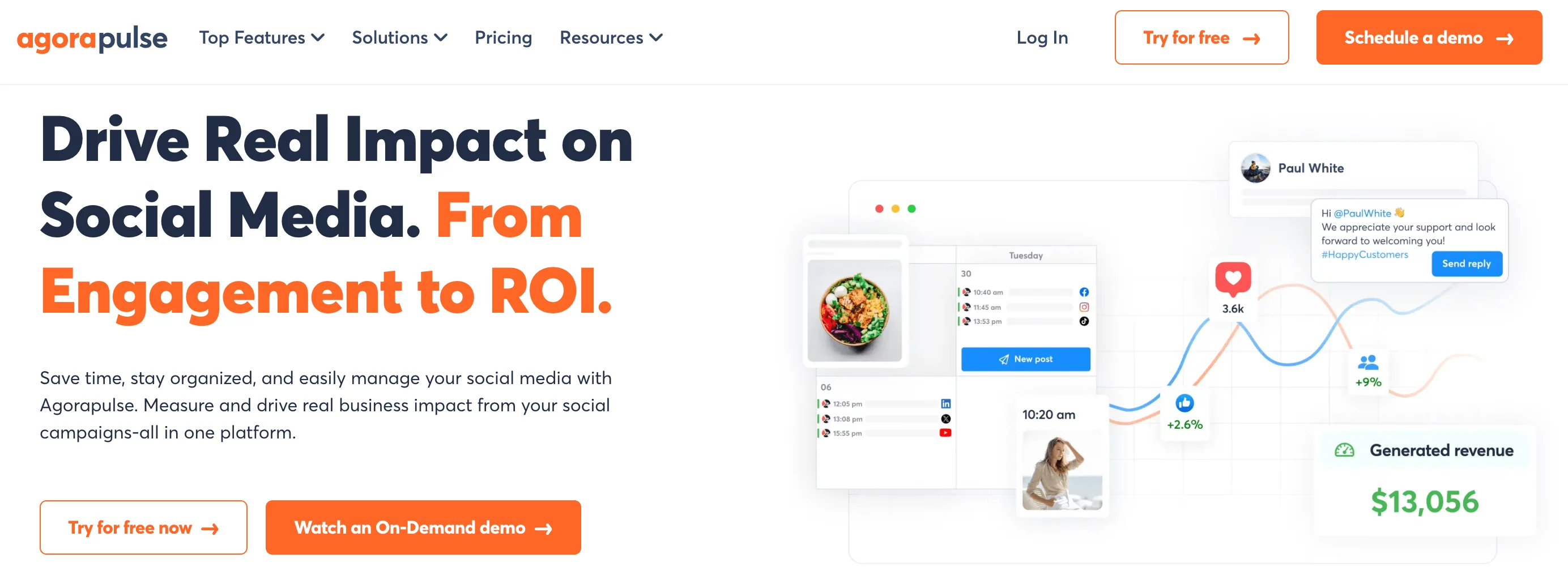 Agorapulse homepage highlighting social media management tools to boost engagement and measure ROI with visual analytics.