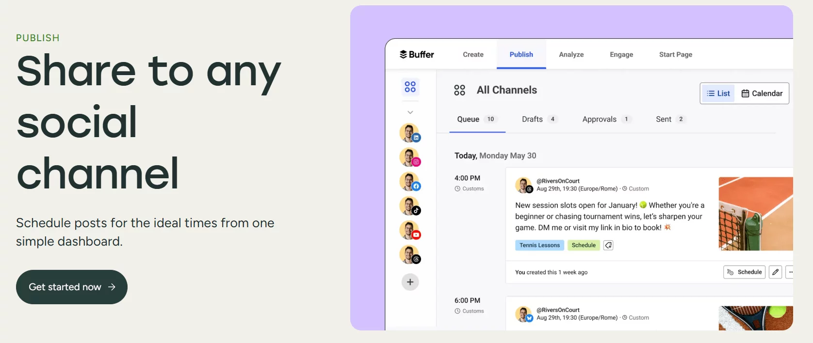 Buffer homepage showing a dashboard with scheduled social media posts and queue management for multiple platforms.