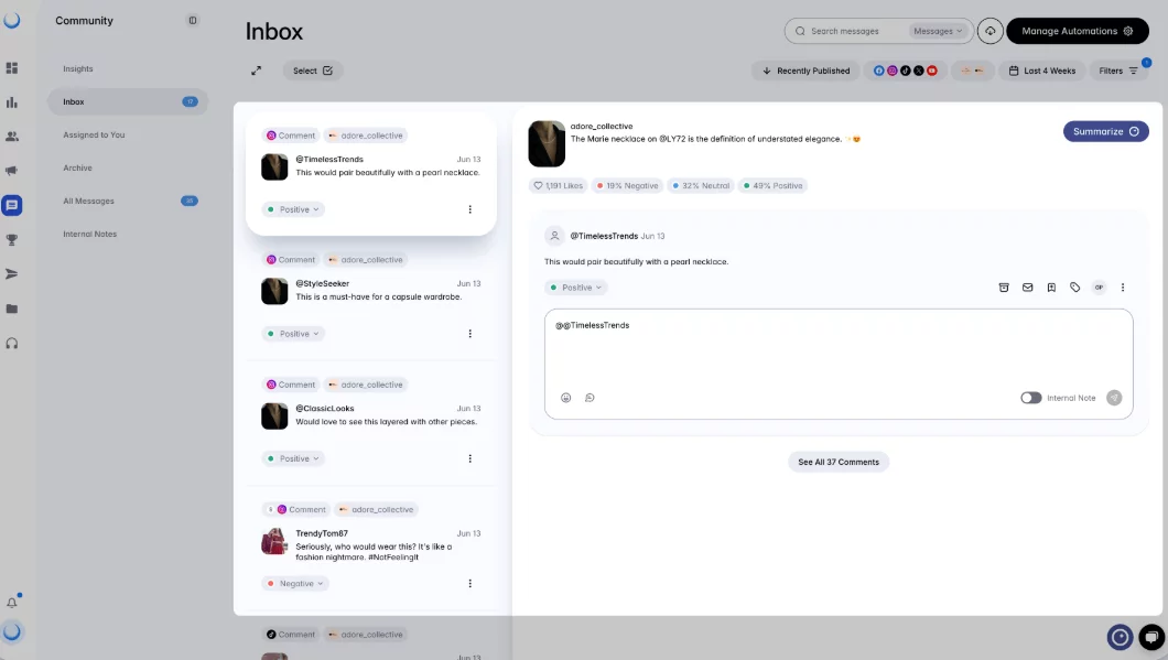 Dash Social social inbox showing comments on a necklace post with sentiment analysis and engagement options.