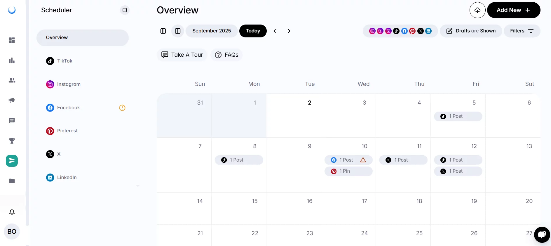 Dash Social social media content calendar showing scheduled posts for TikTok, Instagram, Facebook, X, Pinterest, and LinkedIn