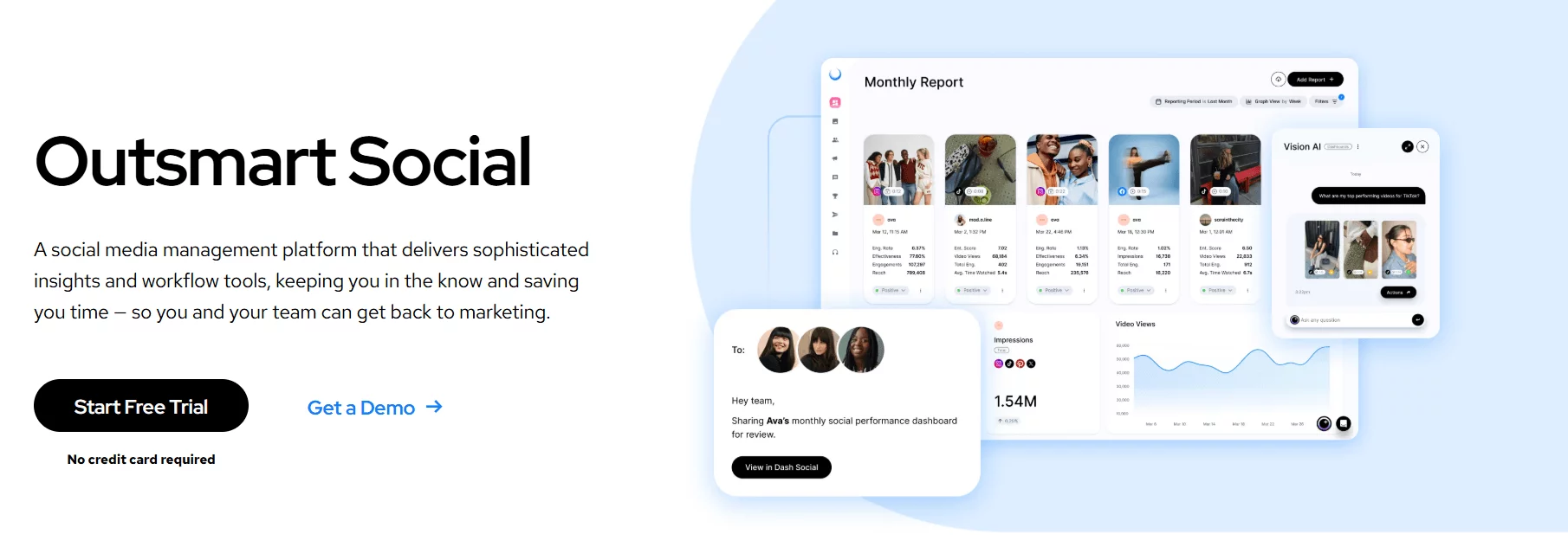 Dash Social homepage showing a monthly report dashboard with team collaboration and AI-driven social media insights