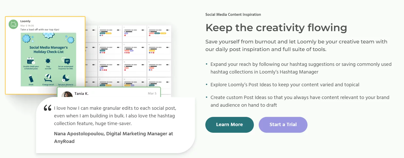 Loomly homepage showing a dashboard with holiday checklist, content calendar, and user testimonial on post creation tools.