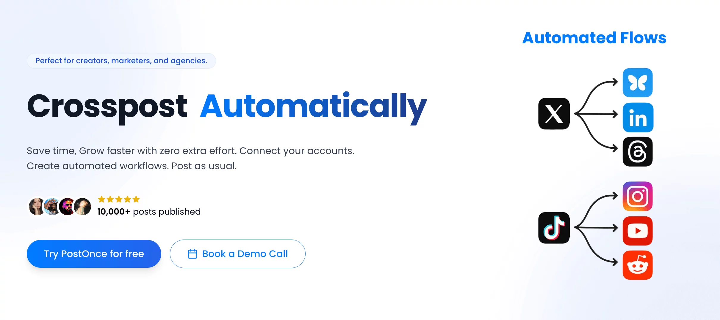 Marketing graphic promoting PostOnce for automated crossposting to social media from one platform.