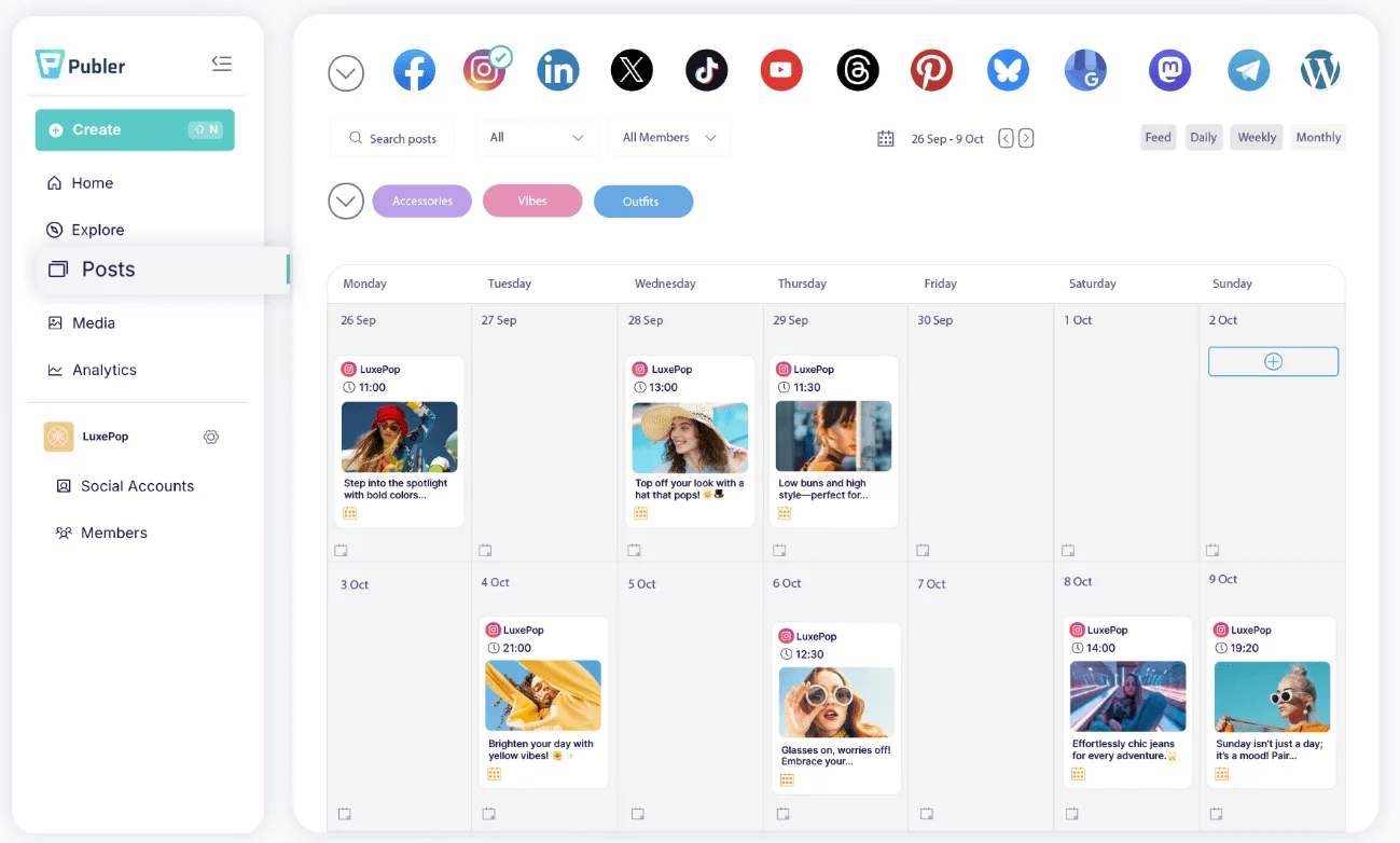 Publer homepage showing a content calendar with scheduled social media posts across various platforms.