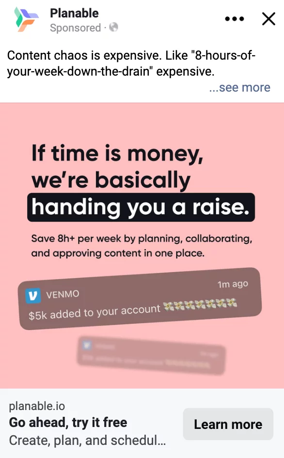 Facebook ad from Planable with text on saving 8+ hours weekly by organizing content creation in one place.
